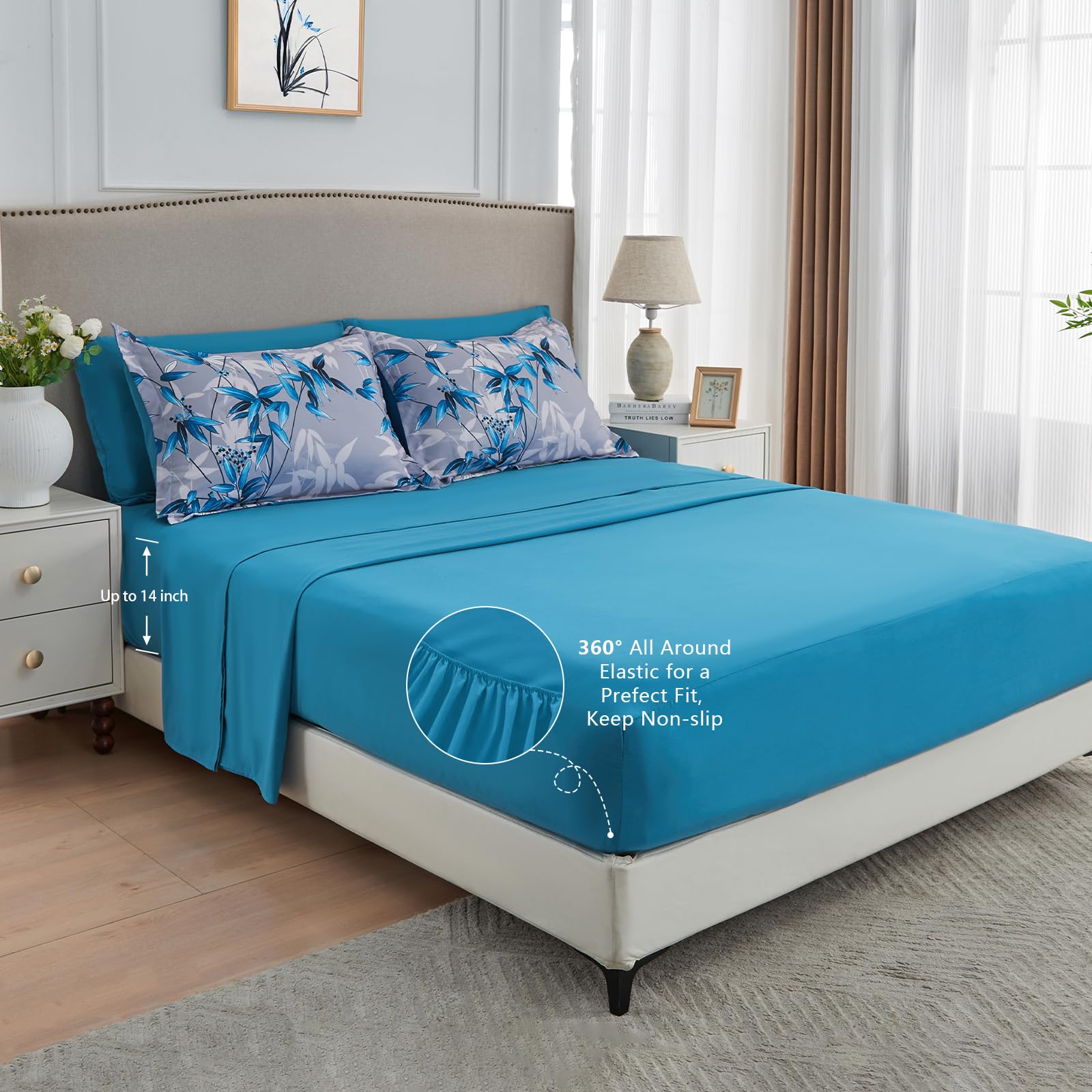 Premium 7-Piece Queen Comforter Set - Soft Lightweight Botanical Leaf Pattern Bedding with Comforter & Sheets | All-Season Blue Bed in a Bag | Perfect for Master Bedroom, Guest Room & Dorm Decor
