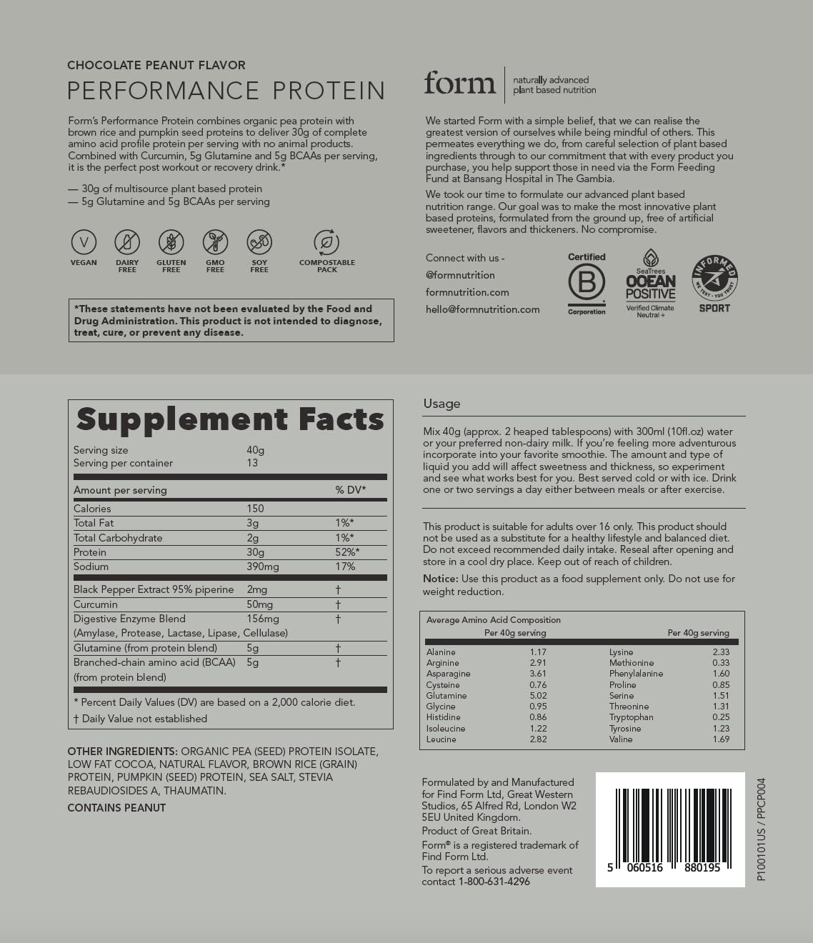 Form Performance Protein - Vegan Plant-Based Protein Powder with BCAAs, 30g Protein per Serving | Chocolate Peanut Flavor | Great for Post-Workout Recovery, Muscle Building & Healthy Lifestyle | Mixes Easily with Water or Smoothies
