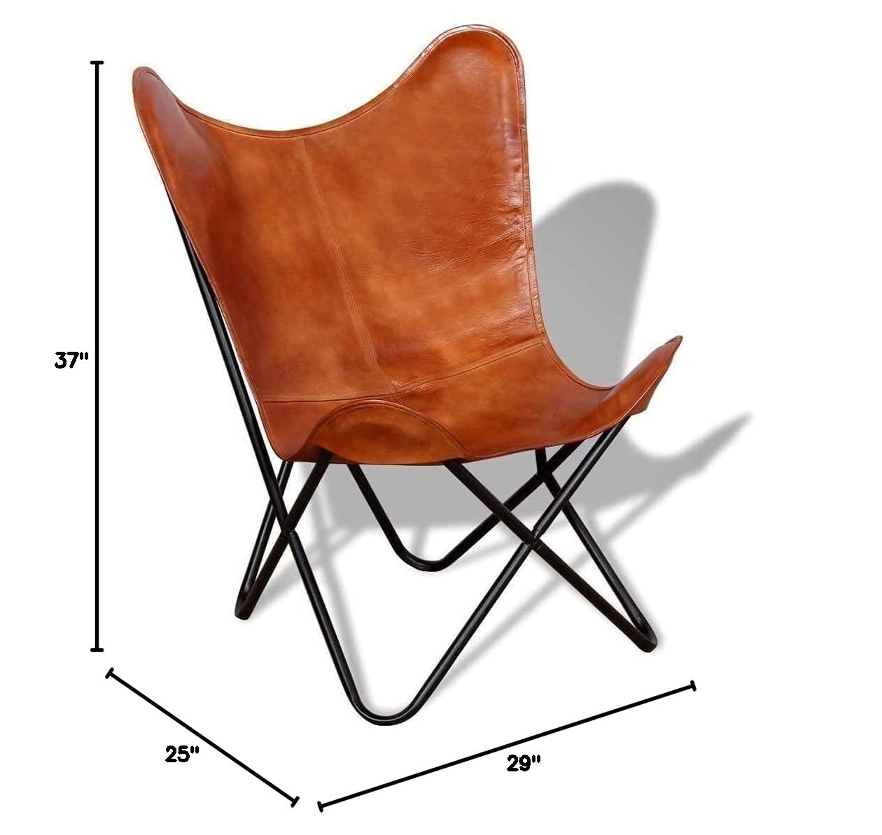 Genuine Tan Leather Butterfly Chair with Stand – Foldable Armrest Lounge Chair for Living Room, Patio & Outdoor – Home Decor & Comfortable Seating Furniture