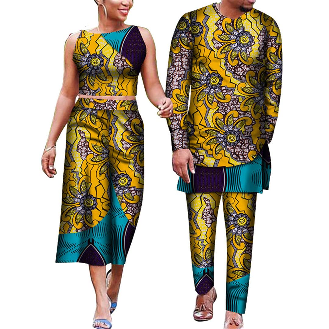 African Print Couple Matching Outfits - Floral Dashiki Crop Top & Skirt Set for Women, Men's Suit Plus Size 20 - Perfect for Valentine's Day, Anniversary Gifts & Cultural Events