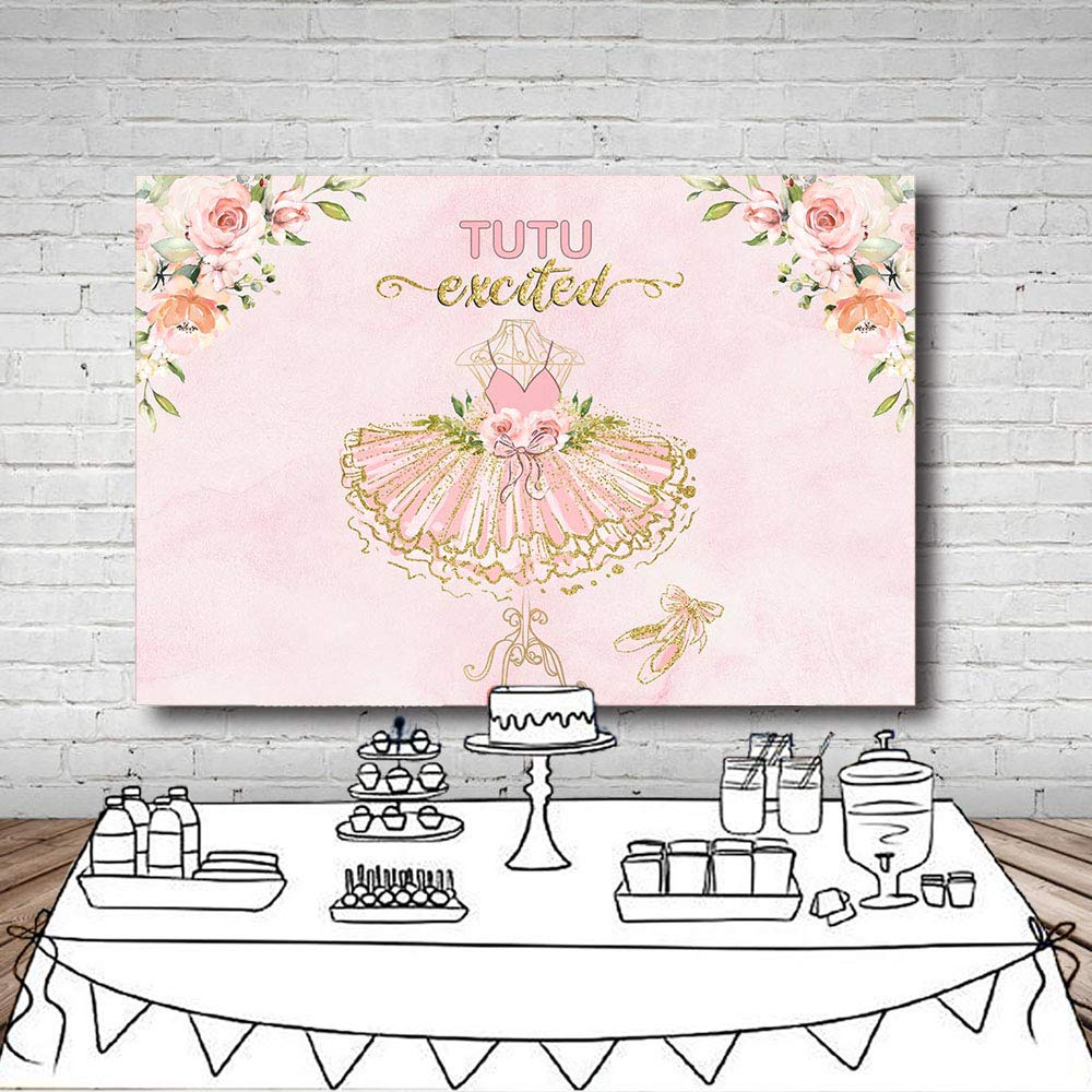 7x5ft Pink Floral Gold Glitter Ballerina Baby Shower Backdrop - Tutu Girl Birthday Party Photography Background, Cake Table Decor & Photo Booth Banner for Newborn Celebrations, 1st Birthday & Gender Reveal Parties