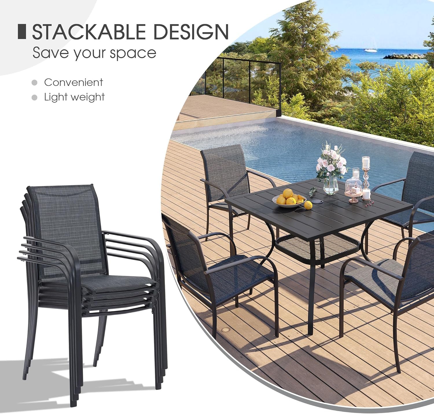 VICLLAX 5-Piece Outdoor Patio Dining Set with Square Table & 4 Stackable Sling Chairs - Grey Weather-Resistant Furniture for Backyard, Garden, Poolside & Deck - Perfect for Outdoor Entertaining & Relaxation