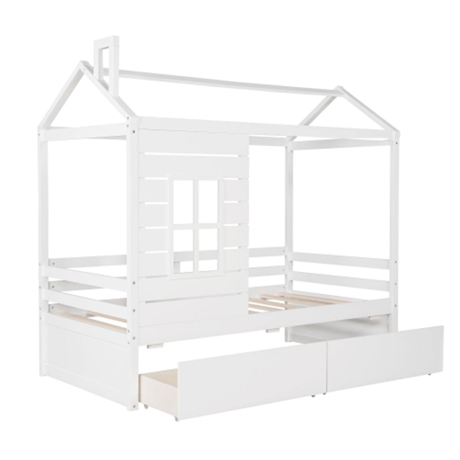 White Twin House Bed Frame with 2 Drawers & Windows - Sturdy Wood Slat Support - Perfect for Kids' Bedroom, Playroom or Cozy Reading Nook