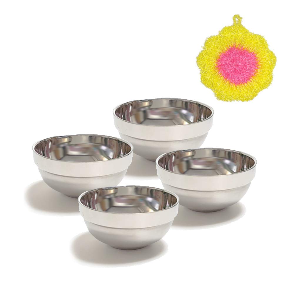 Stainless Steel Bowls 4-Pack with Scrubber - Insulated for Soup, Ice Cream & Salad - Kitchen & Camping Use