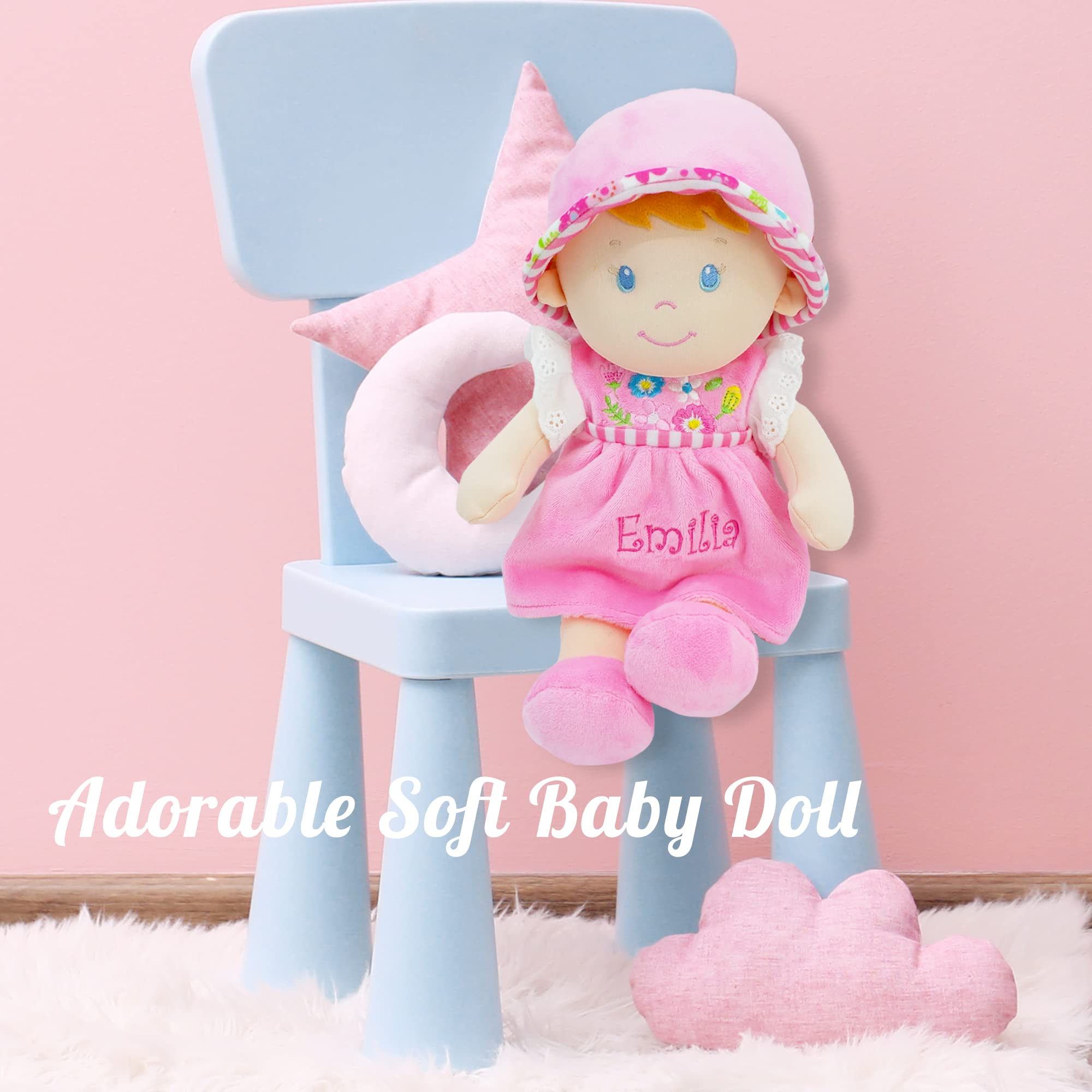 June Garden Personalized Soft Dolly Emilia - Custom Name Stuffed Baby Doll for Newborns & Toddlers with Pink Dress | Perfect Gift for Birthdays, Christenings & Nursery Decor