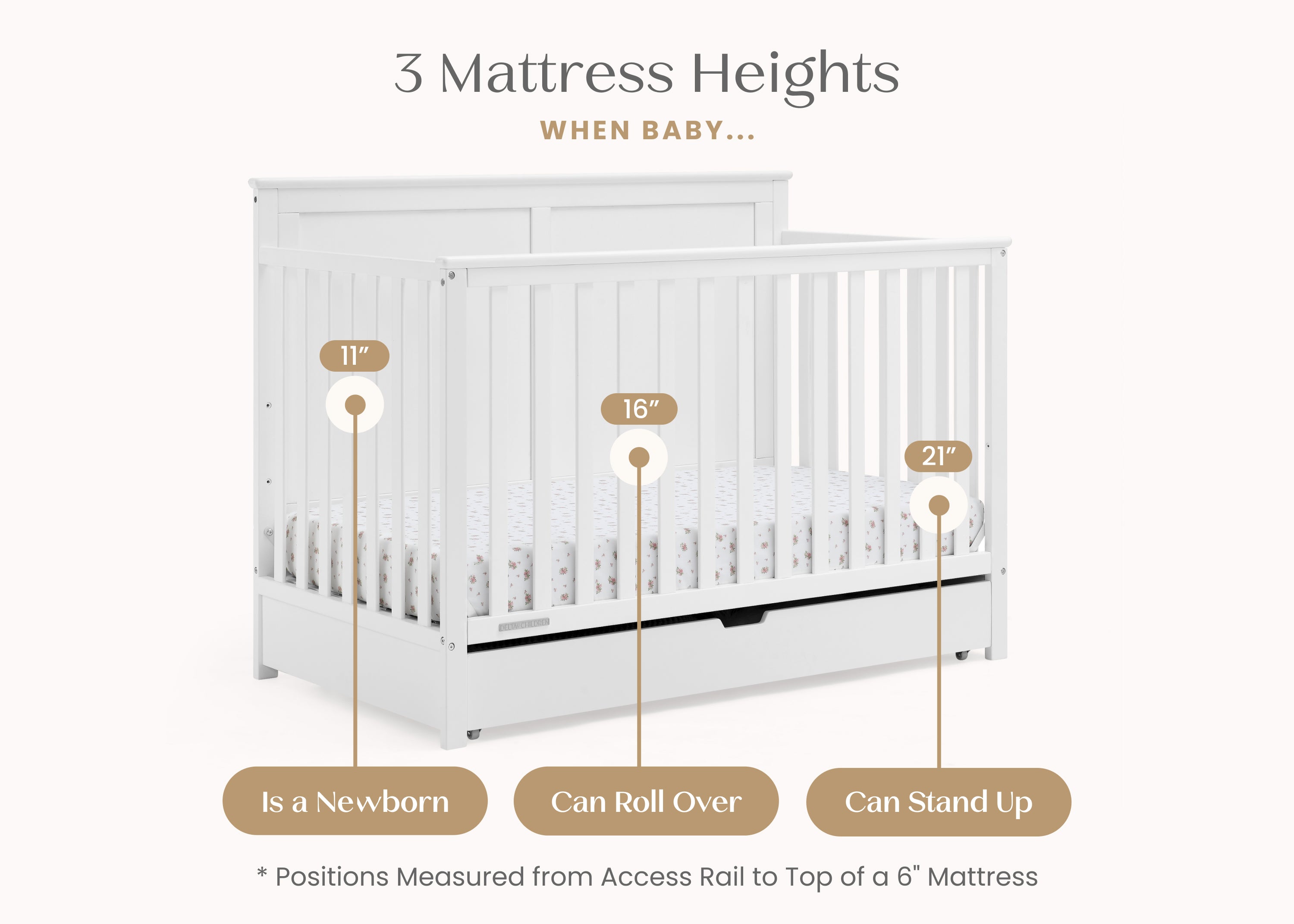 Logan 6-in-1 Convertible Baby Crib with Underdrawer Storage - White Nursery Furniture for Newborn to Toddler Bed | Perfect for Small Spaces & Modern Nurseries