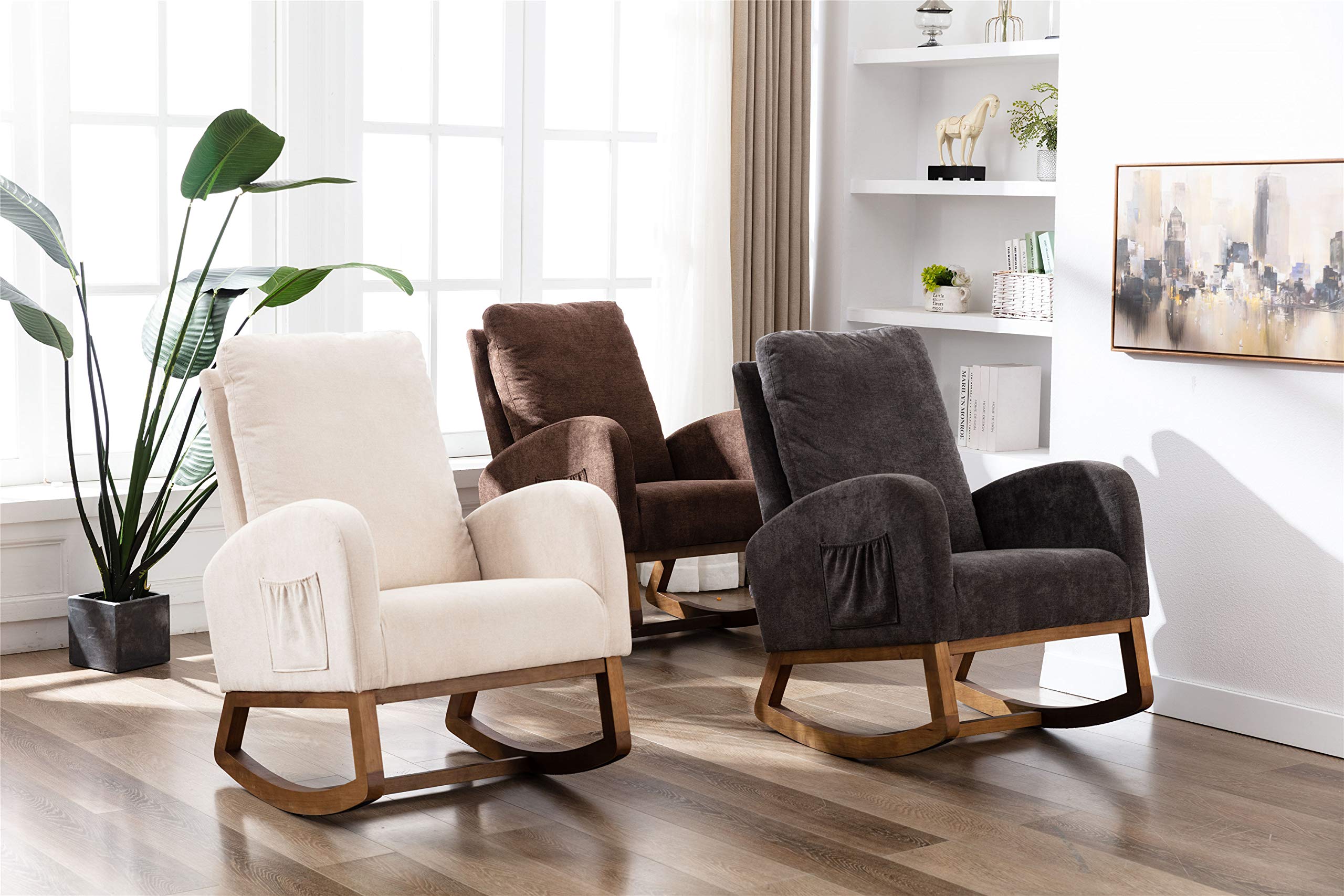 Tufted Upholstered Rocking Chair with Fabric Padded Seat & Solid Wood Base - Comfortable Rocker Armchair for Office, Living Room & Bedroom - Perfect for Relaxing, Reading & Nursing (Coffee Color)