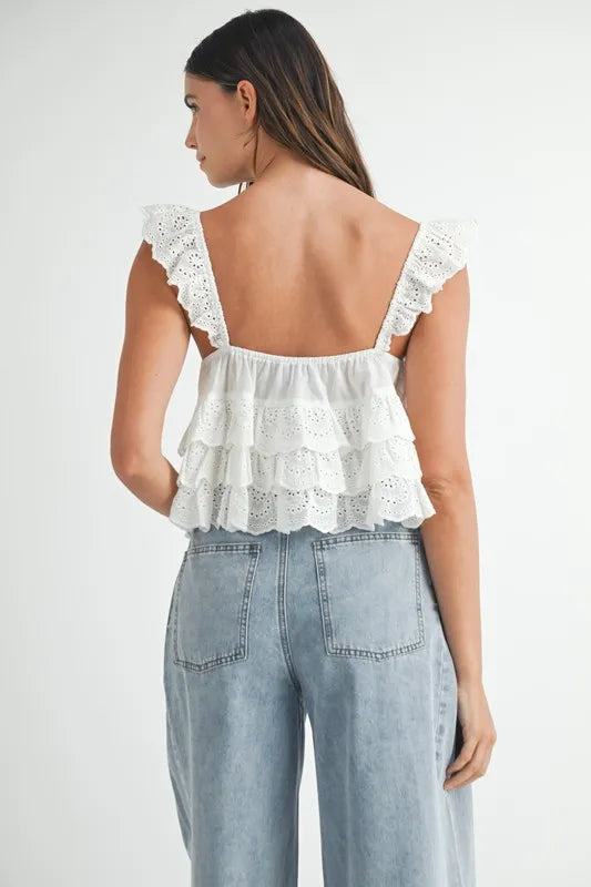 Lace Eyelet Embroidered Front Tie Ruffle Summer Top - Women's Floral Blouse for Beach, Vacation & Casual Outings