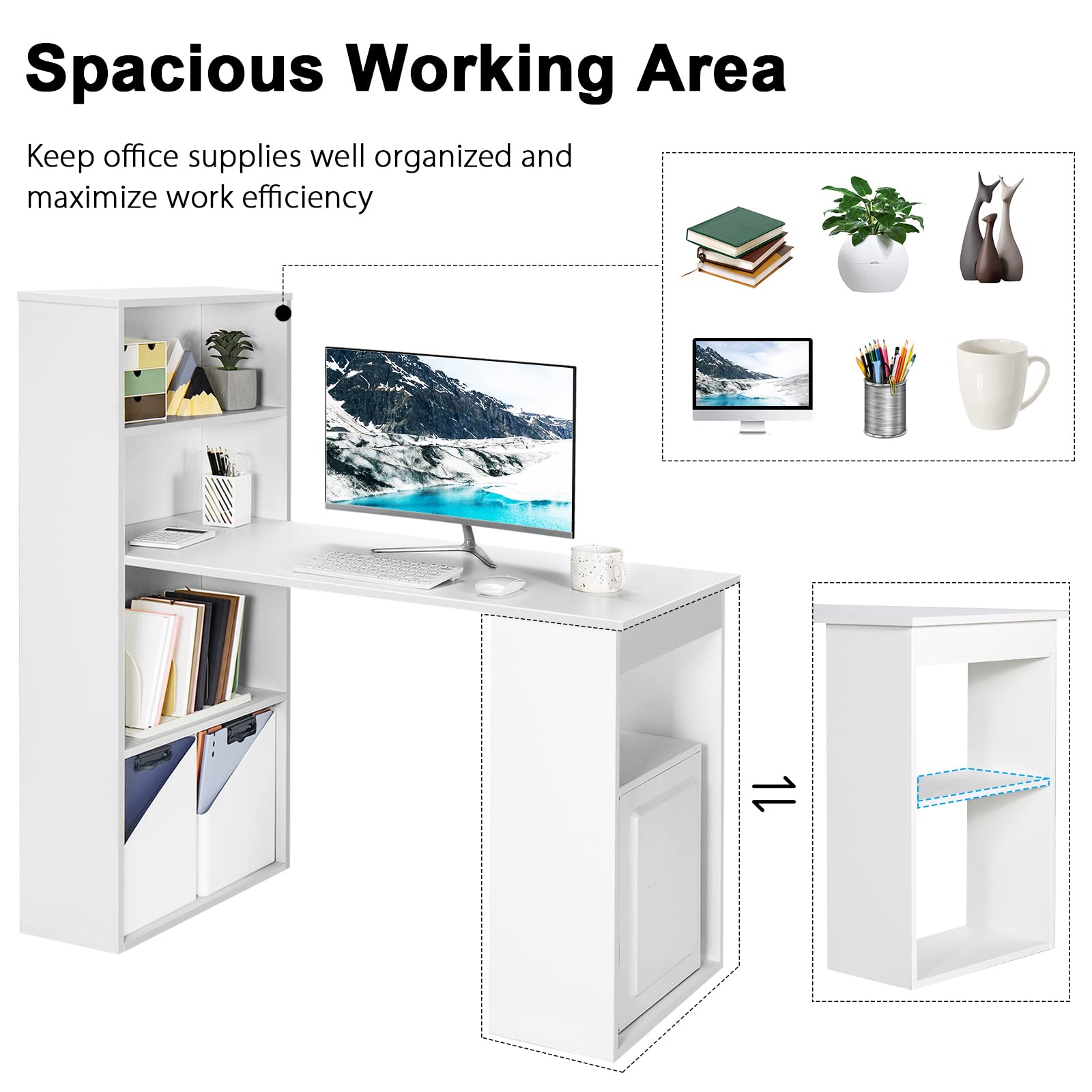 Tangkula White Computer Desk with Bookshelf - Compact Writing Study Desk with Storage Shelves & CPU Stand | Modern Home Office Workstation, Space-Saving Design for Small Rooms, Dorm & Apartment | Perfect for Remote Work, Online Learning & Gaming Setup