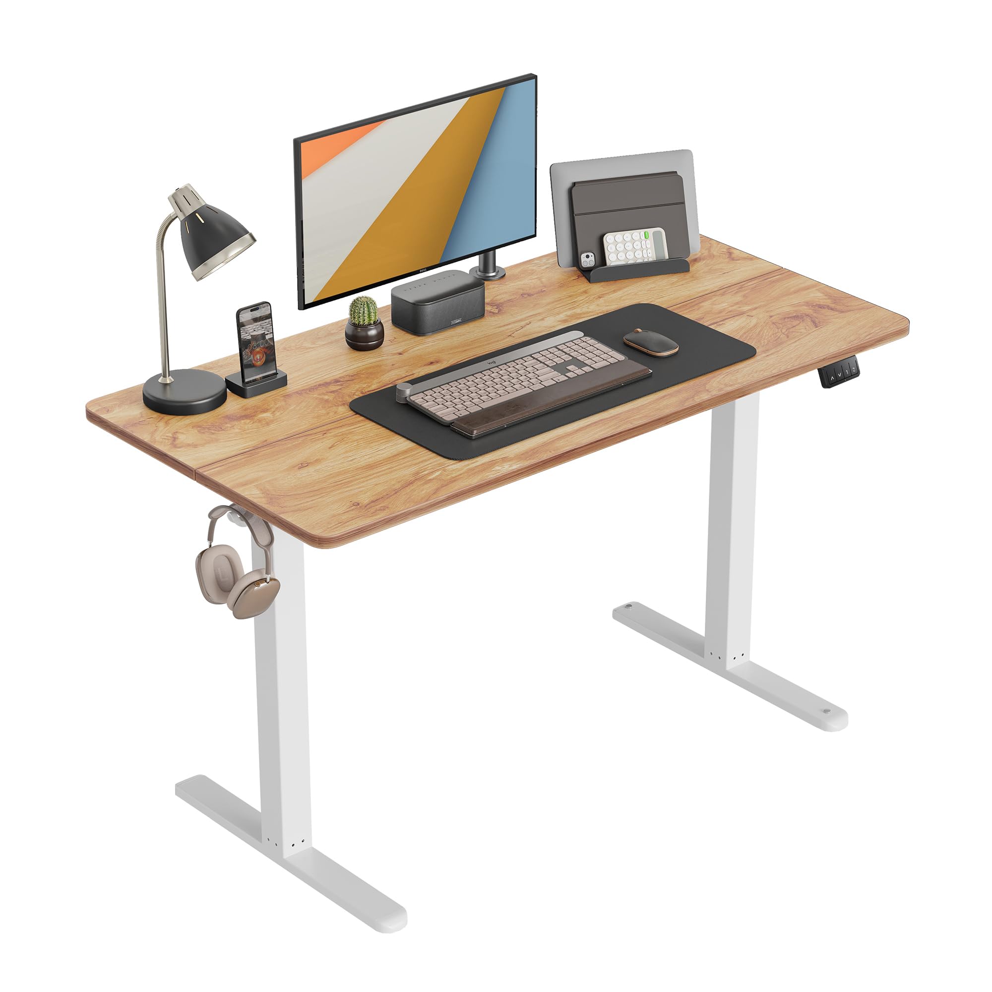 CubiCubi 48 x 24 Inch Electric Height Adjustable Standing Desk - White Frame & Light Rustic Brown Desktop with Splice Board - Ergonomic Sit Stand Workstation for Home Office, Gaming & Study