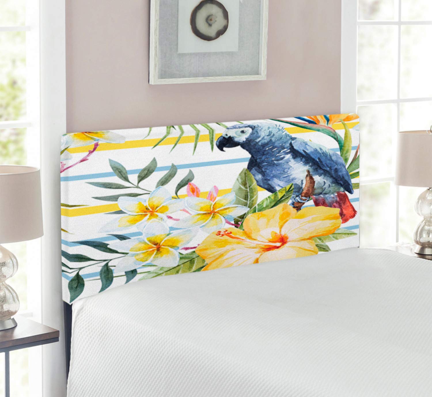 Ambesonne Parrot Headboard - Tropical Bird Orchid & Hibiscus Flower Hawaiian Jungle Design, Upholstered Decorative Metal Bed Frame with Memory Foam, Twin Size Multicolor Headboard for Bedroom Decor & Tropical Theme Rooms