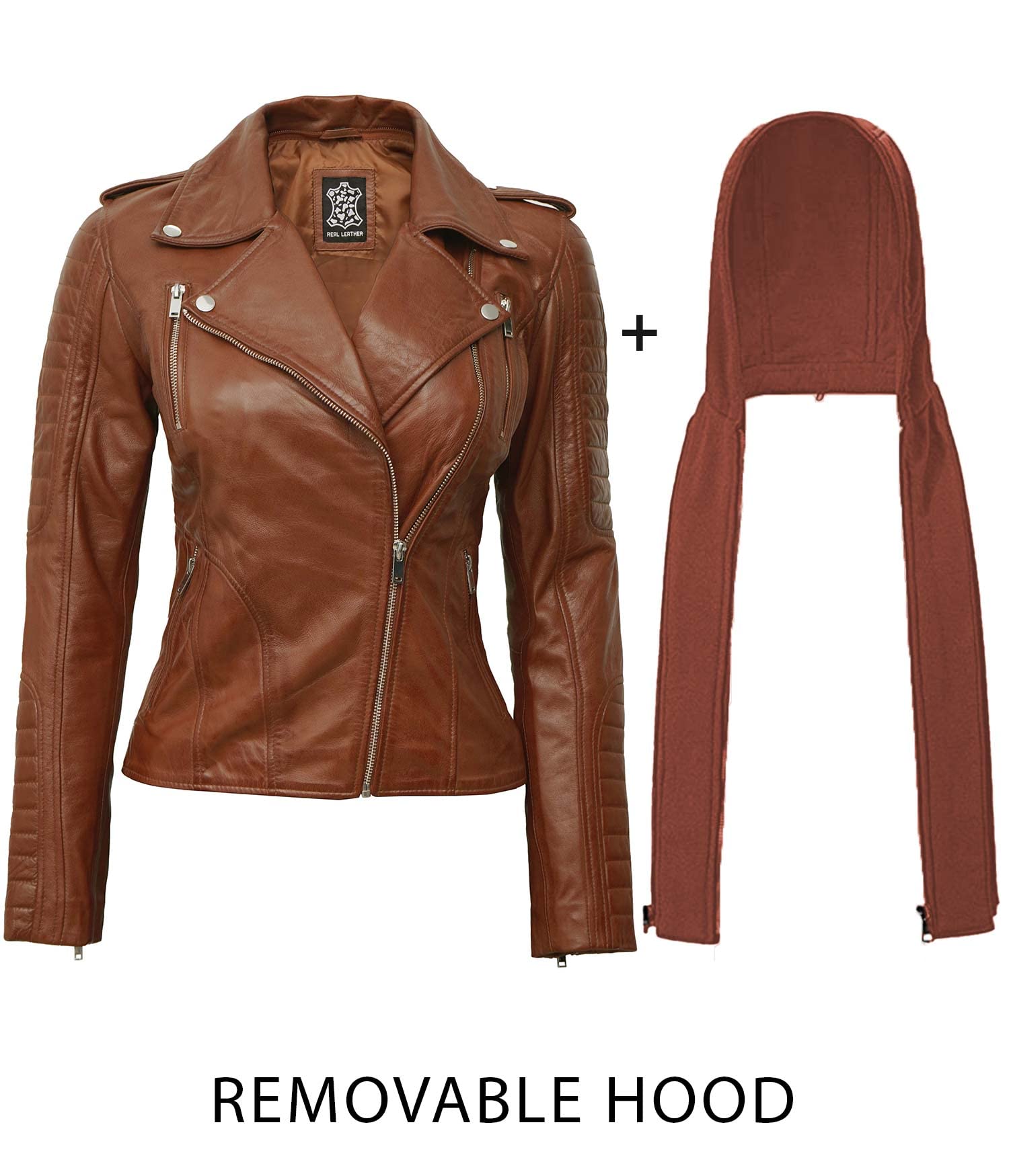 Decrum Women's Real Lambskin Leather Jacket with Removable Hood - Brown & Black Casual Biker Jacket for Women | Perfect for Motorcycle Riding, Fall Fashion & Everyday Wear