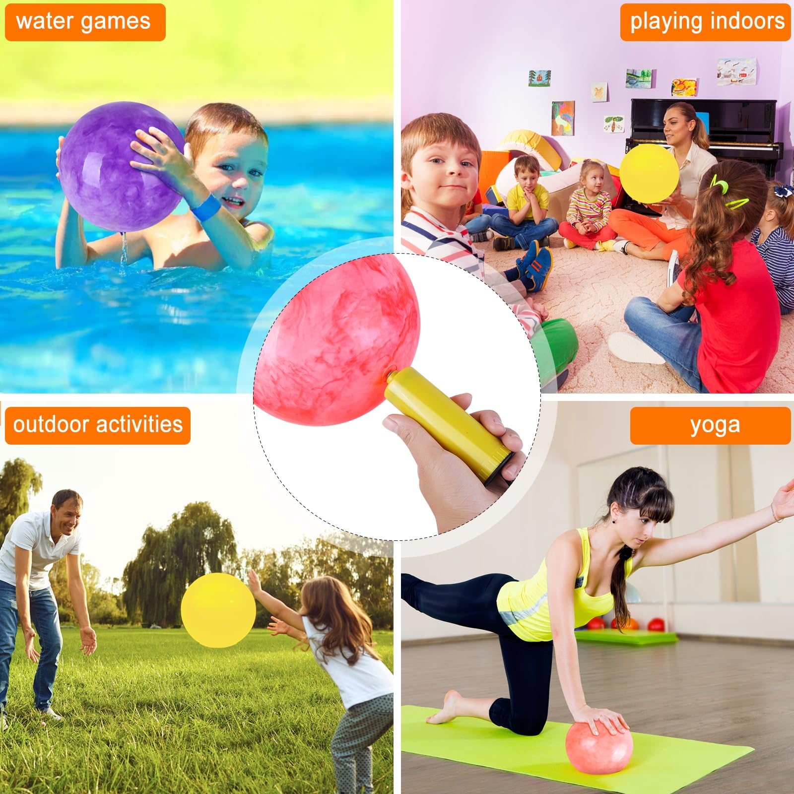 2 Pack 9 Inch Inflatable Bouncy Balls with Hand Pump - Fun Indoor Outdoor Play Balls for Kids, Birthday Party Favors, Pool Toys & Backyard Games