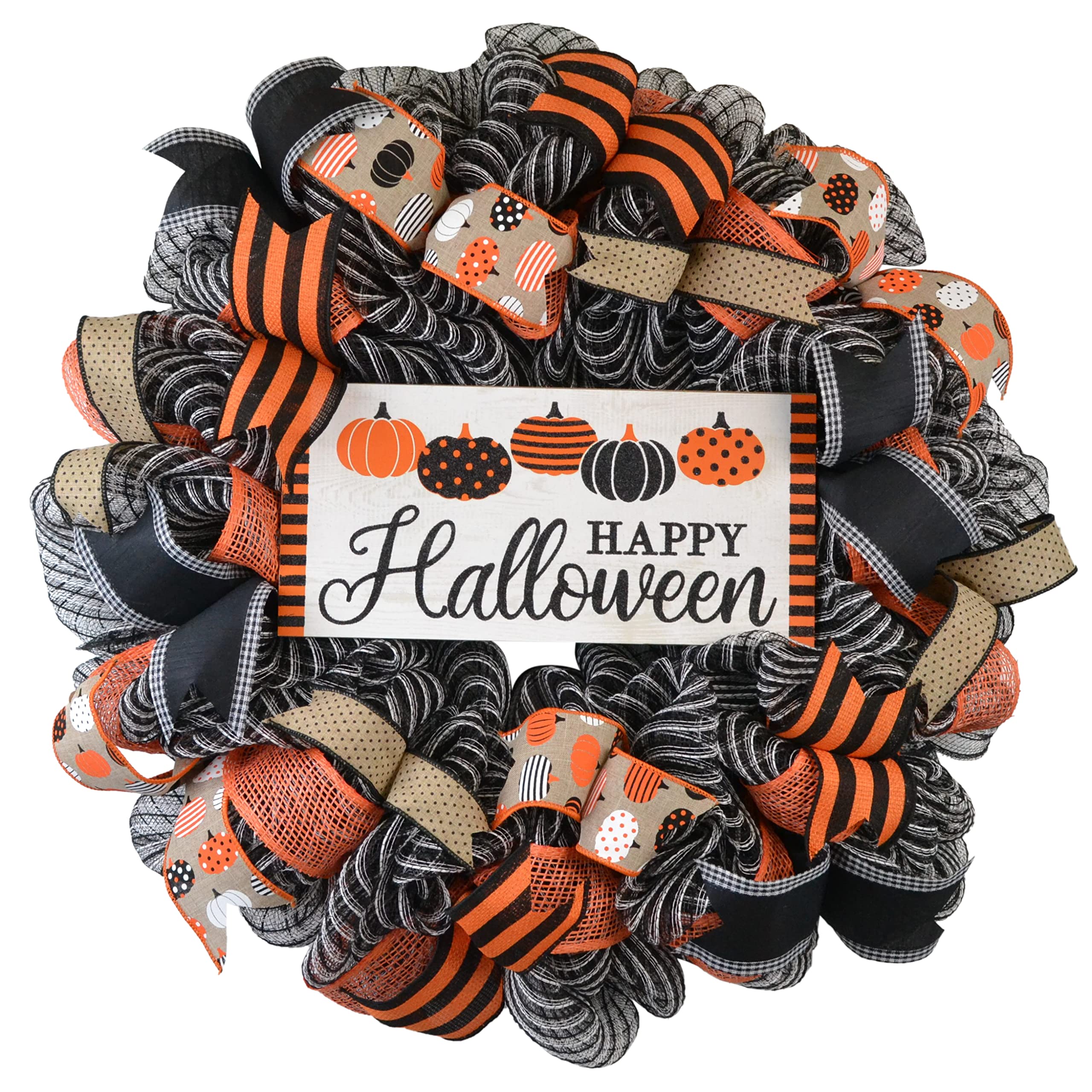 Happy Halloween Wreath - Pumpkin Door Wreath Decor for Halloween & Thanksgiving - Orange Black White Burlap Stripe Jack O Lantern Wreath - Perfect for Front Door, Office & Home Halloween Decorations