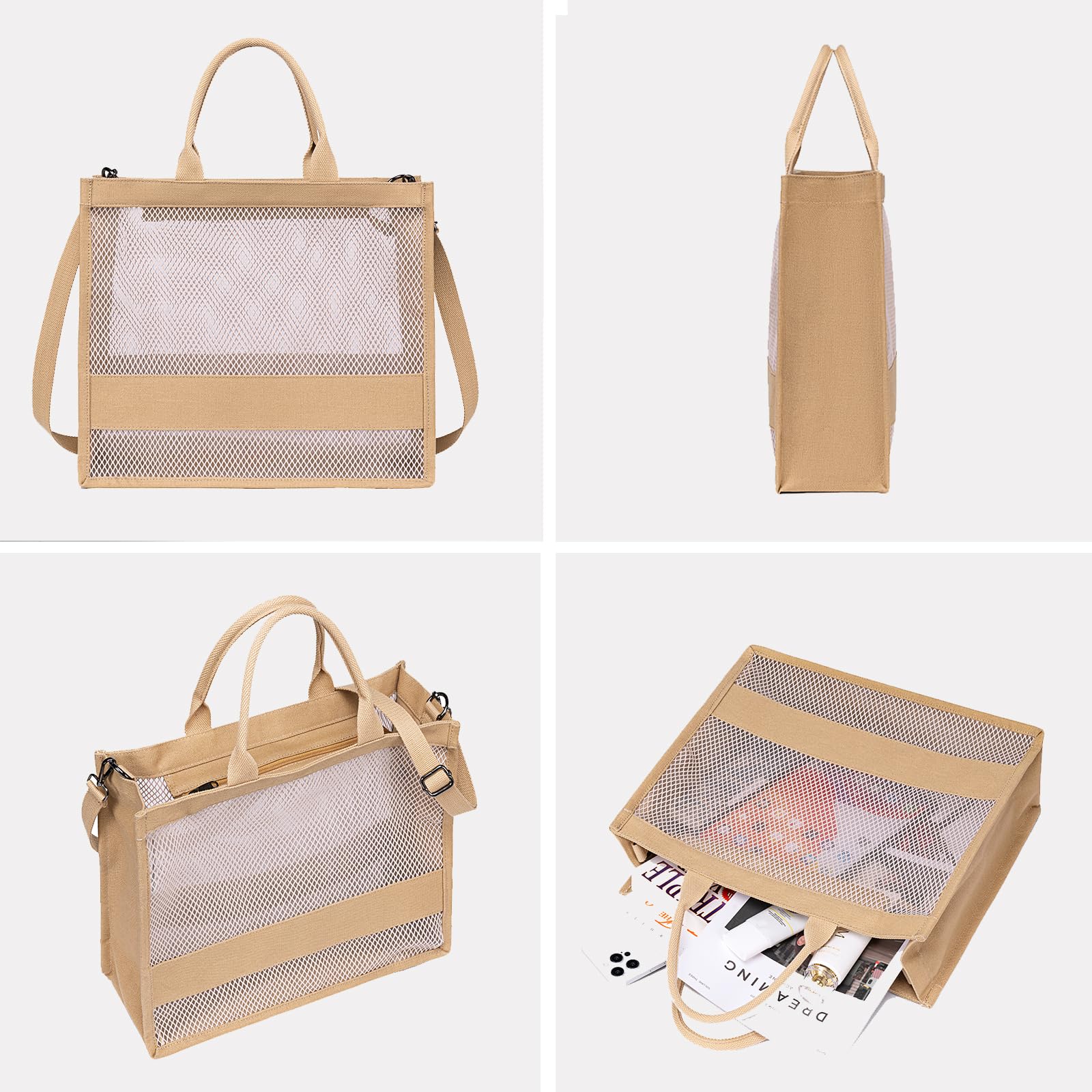BTOOP Women's Clear Mesh Beach Tote Bag with Zipper - Waterproof Pool Bag, Crossbody Purse for Travel, Work, Gym & Shopping - Perfect for Beach Vacation, Swimming, Yoga and Daily Use