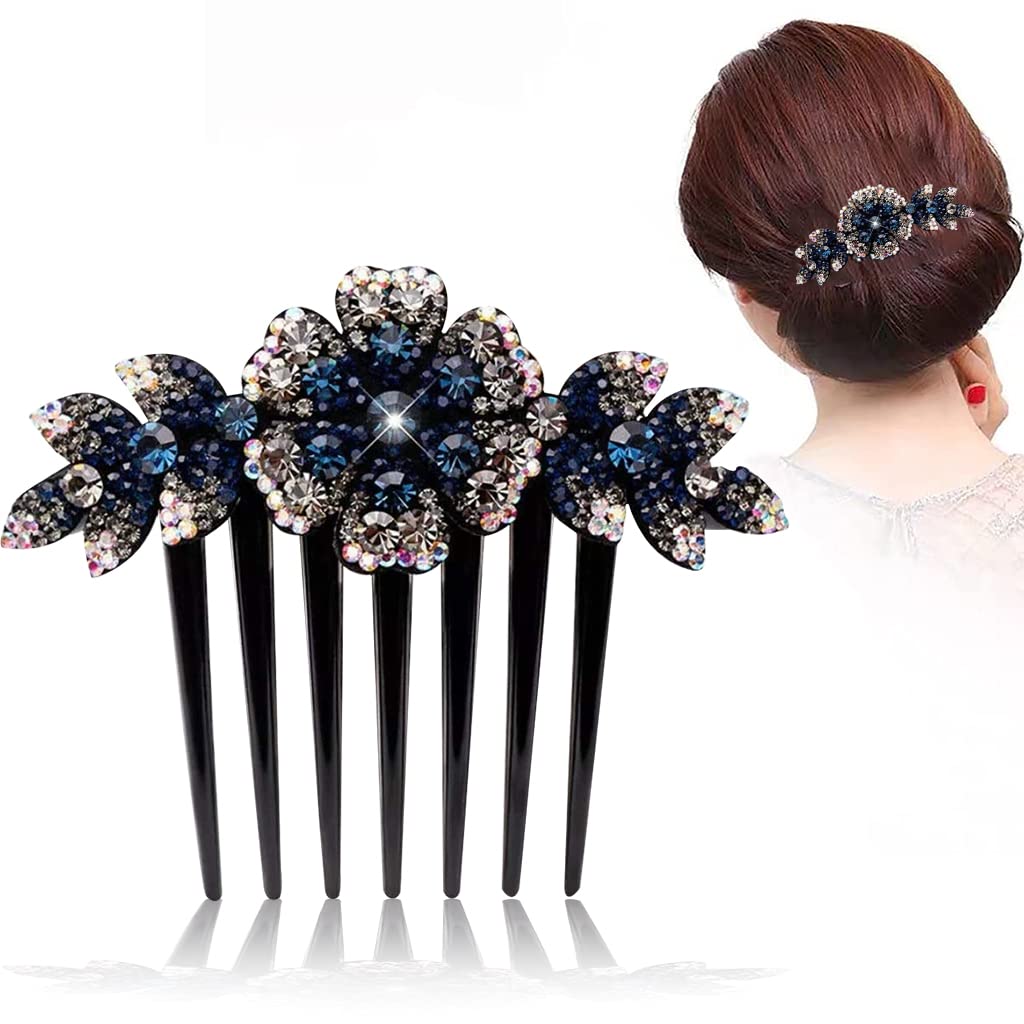 PALAY® Women's Floral Hair Clips - Crystal Barrettes & Hair Combs for Girls & Women, Elegant Bridal Hair Accessories (Dark Blue) | Perfect for Weddings, Parties & Everyday Styling