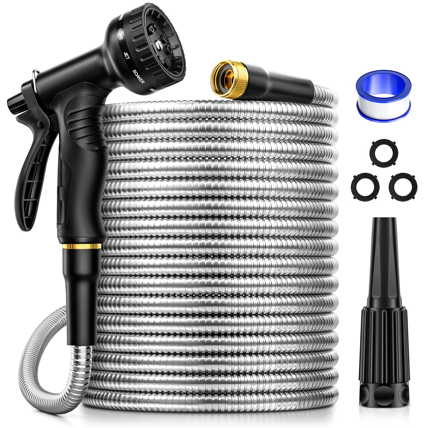 **75ft Heavy Duty Garden Hose with 10-Function Nozzle - 304 Stainless Steel, No-Kink, Rust-Proof & Lightweight for Yard, Lawn & Outdoor Watering**    *(Perfect for Gardening, Car Washing, Pet Cleaning & Outdoor Activities)*