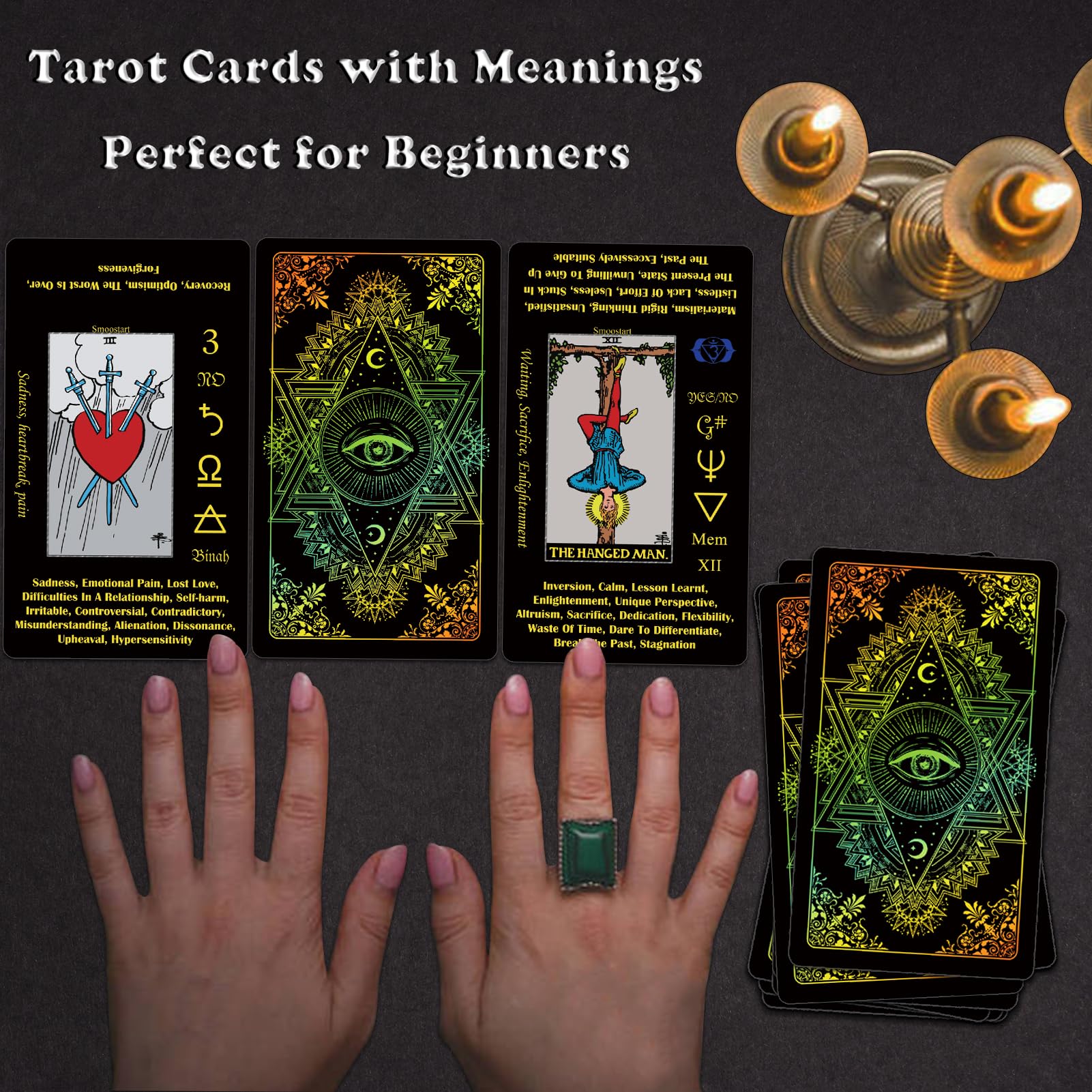 Smoostart Black Holographic Tarot Cards Deck for Beginners - 78 Cards with Meanings & Keywords, Includes Guide Book - Perfect for Divination, Meditation & Spiritual Growth