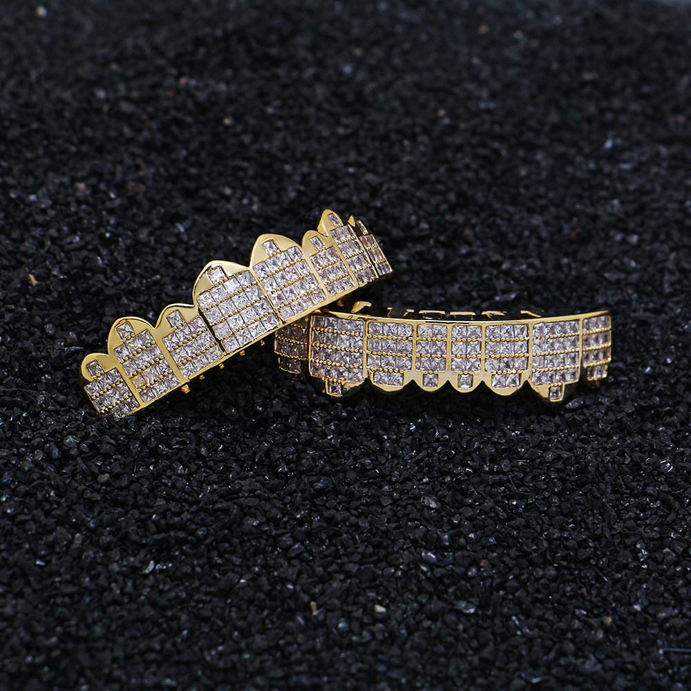 Diamond Pave CZ Gold & Silver Grillz for Men & Women - Square Hip Hop Teeth Jewelry for Parties, Concerts & Special Events
