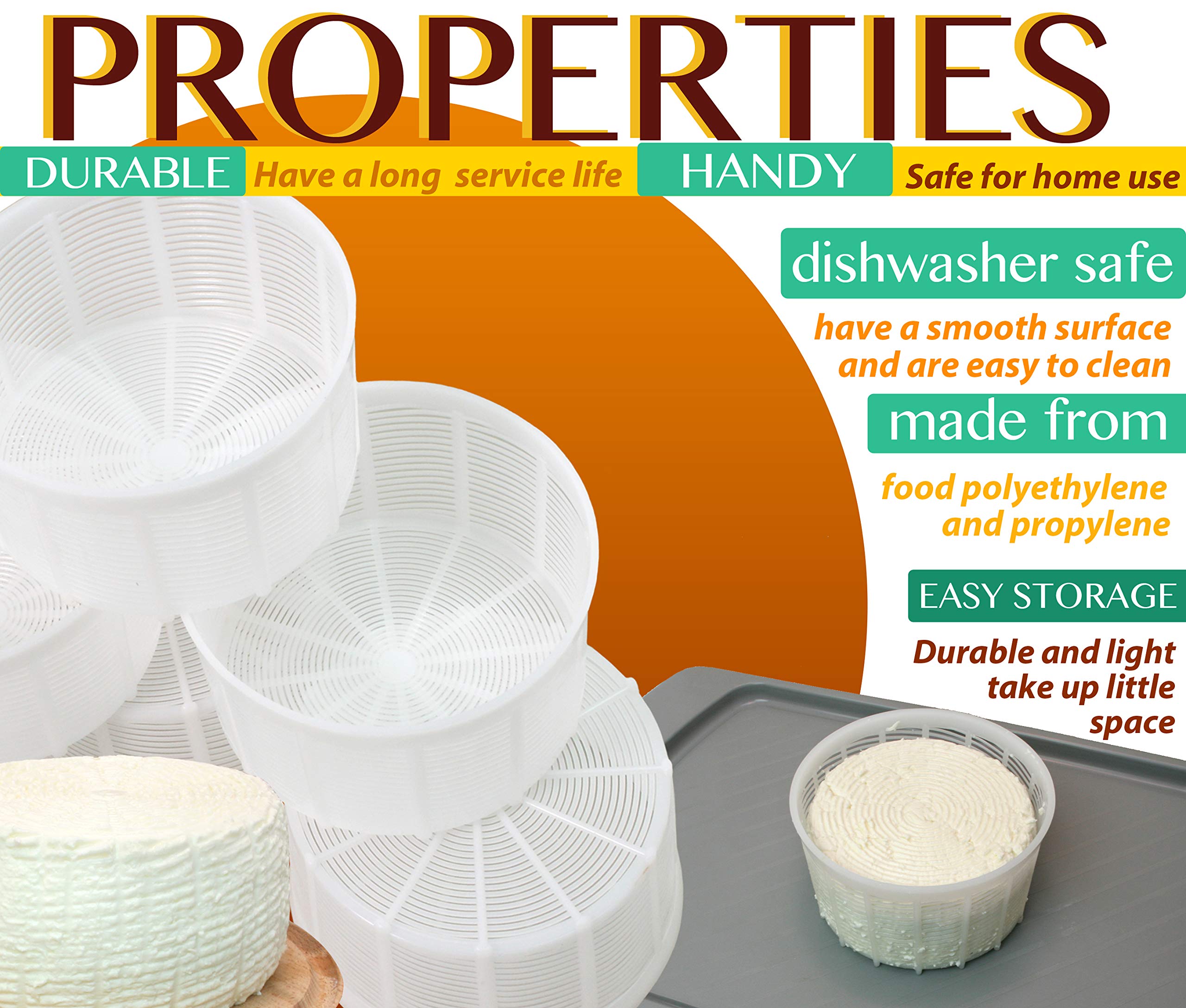 6-Piece Soft Cheese Mold Set for Homemade Cheese Making - 2.55QT Cream Cheese, Feta & Ricotta Mold - DIY Cheese Making Supplies with Basket - Perfect for Artisan Cheesemaking at Home or Small Dairy Farms