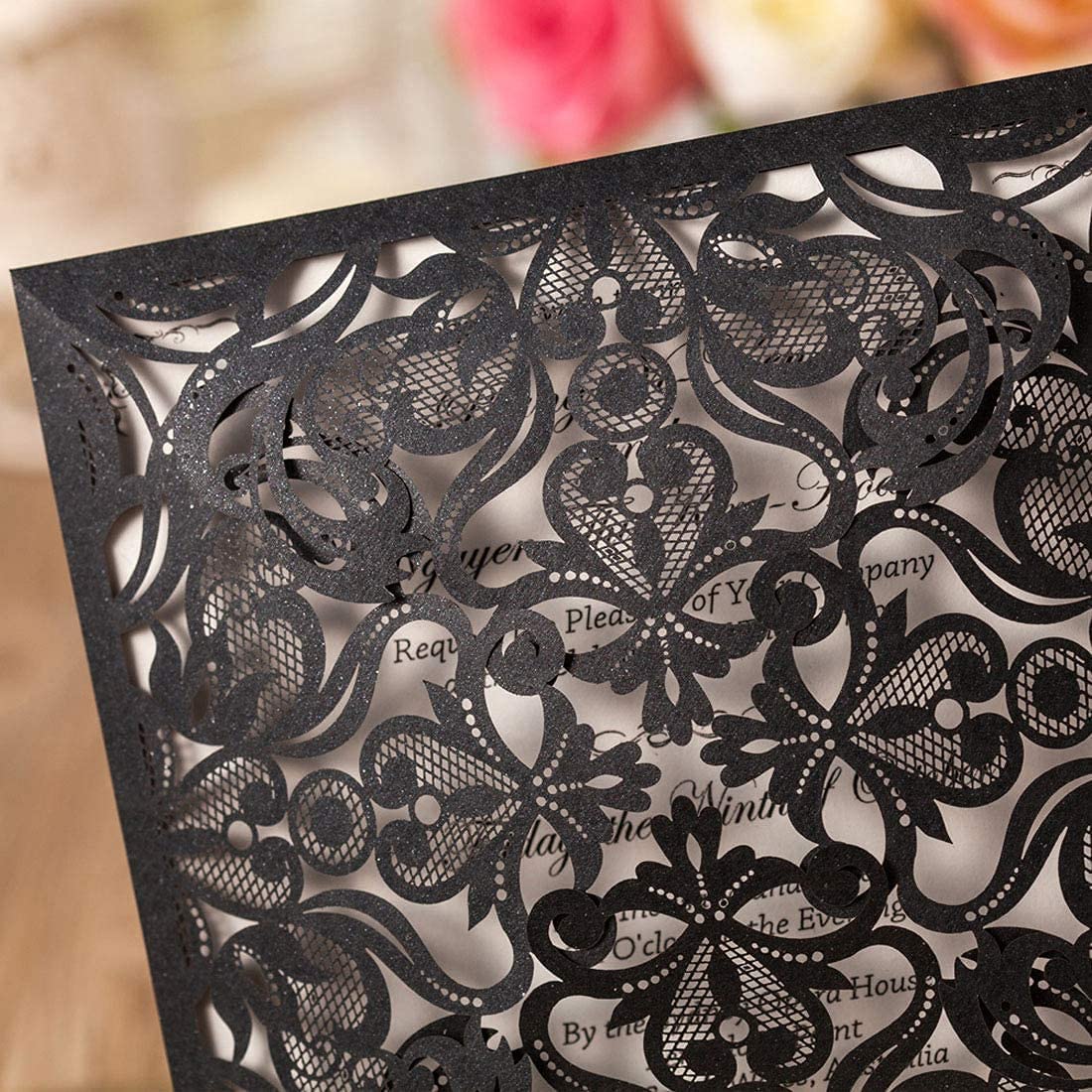 50PCS 6.3x6.3 Inch Elegant Black Lace Wedding Invitation Cards with Envelopes - Perfect for Quinceañera, Birthday, Bridal Shower & Graduation Party Invitations - Formal and Romantic Event Stationery for Special Occasions