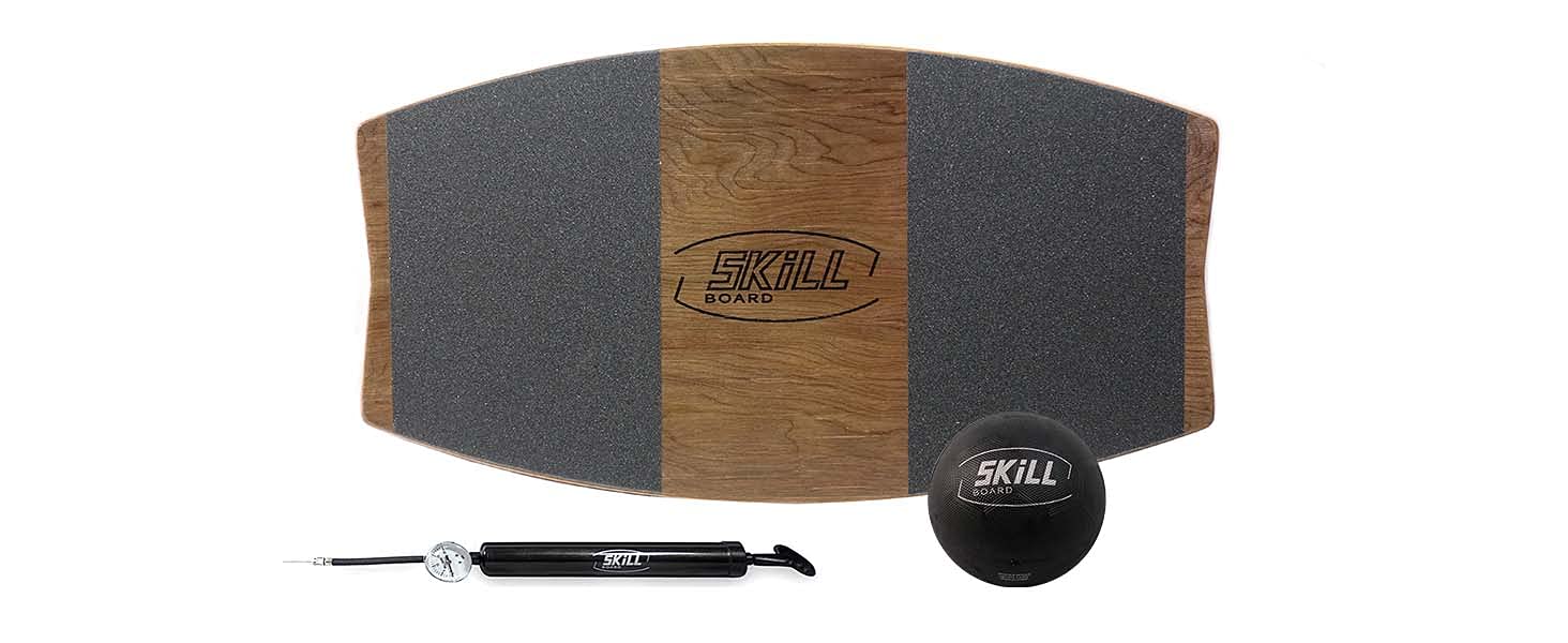 The Skill Board - Premium Wooden Balance Board for Adults - Wobble Board for Fitness, Yoga, Surf Training & Standing Desk Work - Includes Exercise Ball, Pump & Non-Slip Grip Tape - Perfect for Home Gym, Office & Outdoor Activities