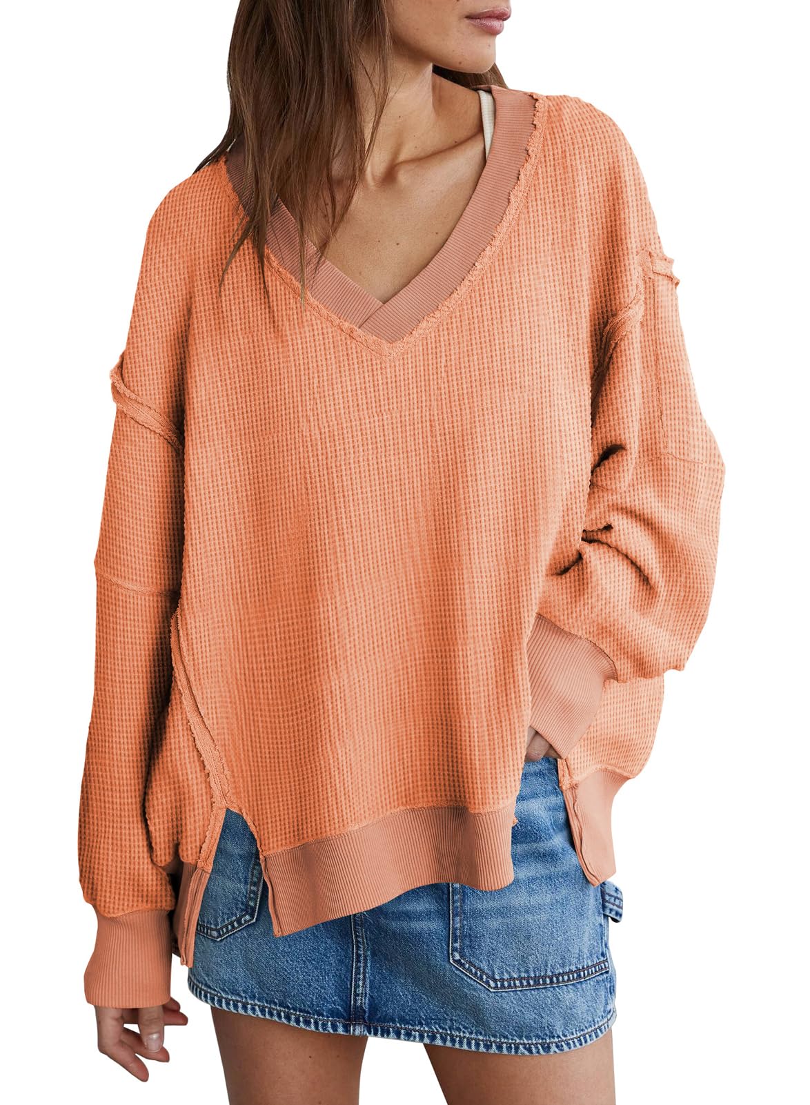 Miduo Women's Oversized Waffle Knit Sweatshirt - V Neck Long Sleeve Pullover with Reverse Seam & Side Splits | Cozy Casual Loungewear for Fall & Winter | Perfect for Work, Travel, and Relaxing at Home