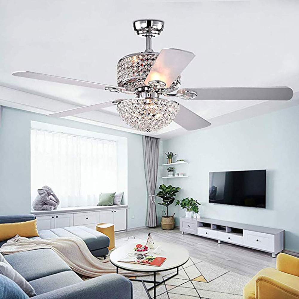 TFCFL Modern 52-inch Crystal Ceiling Fan with LED Light and Remote Control - 5 Stainless Steel Blades, 3 Speed Settings, 3 Color Temperature Options - Perfect for Living Room, Bedroom, Office (Silver) - Energy Efficient Cooling & Stylish Home Decor