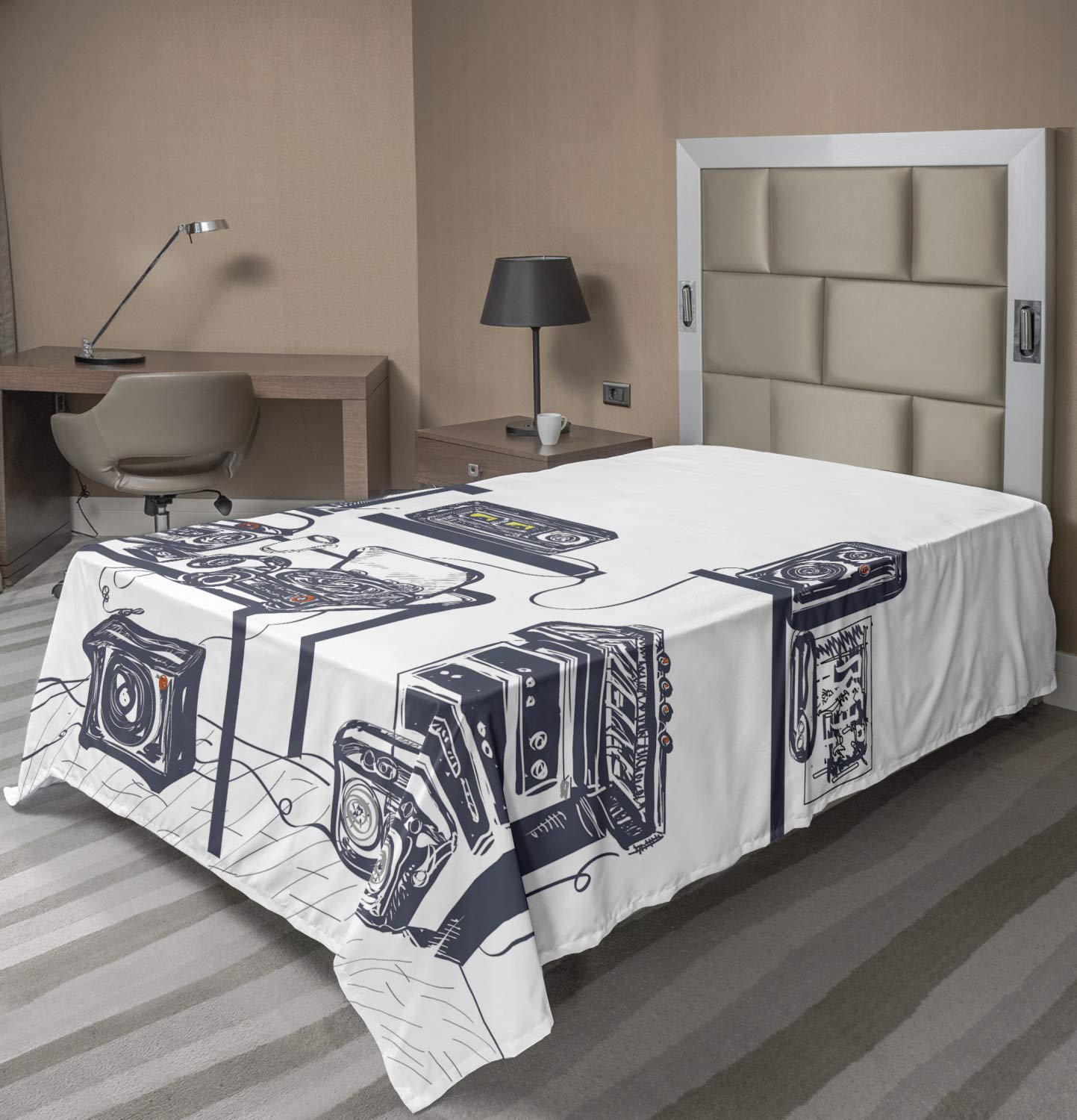 Ambesonne Modern Twin Size Flat Sheet - Soft & Comfortable Cadet Blue Decorative Bedding for Recording Studios | Music Themed Turntable Records & Speakers Digital Illustration Design | Perfect for Musicians, DJs & Music Lovers' Bedrooms