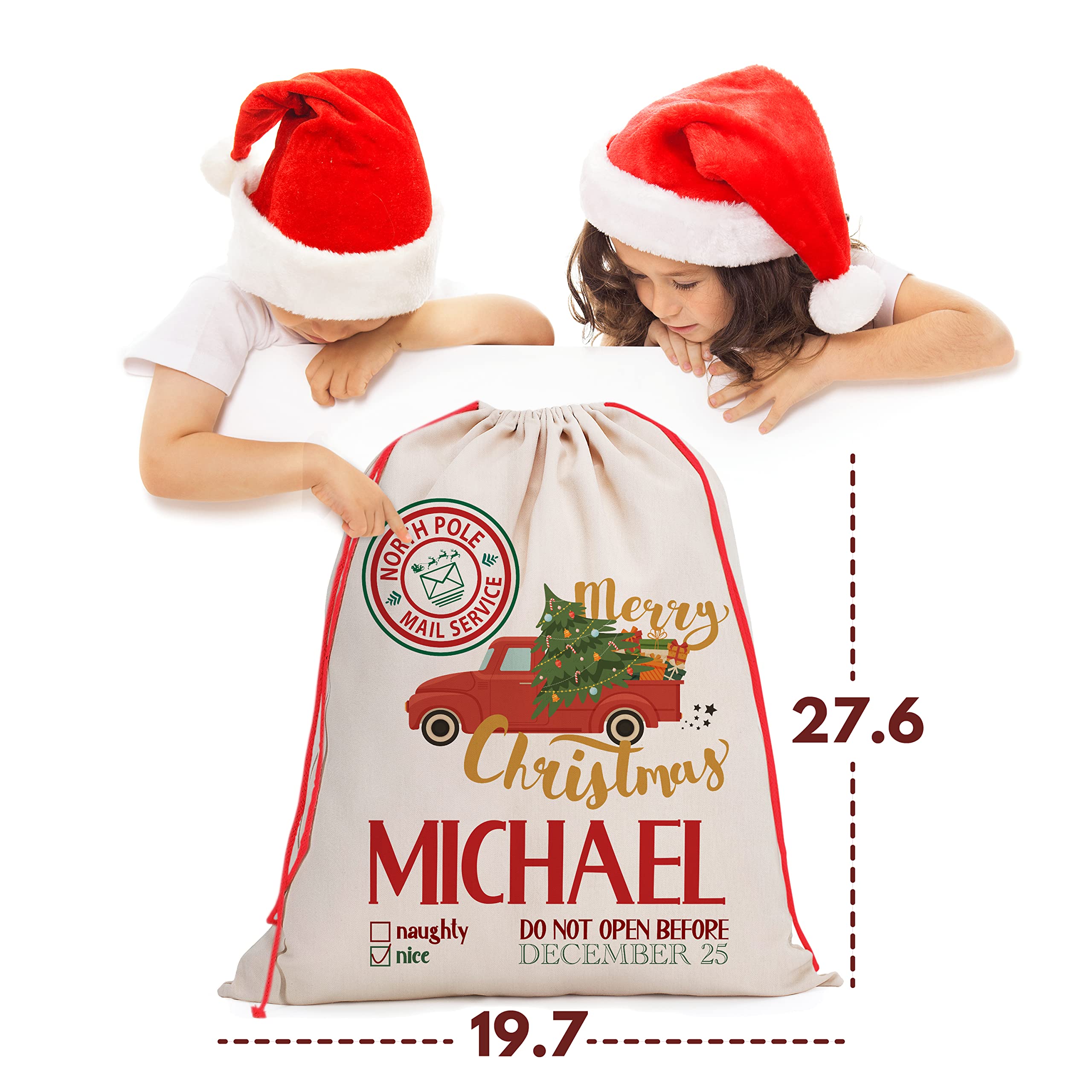 Personalized Santa Sack Gift Set of 5 - Custom Christmas Stocking with Name - 9 Festive Design Options - Large 27.6