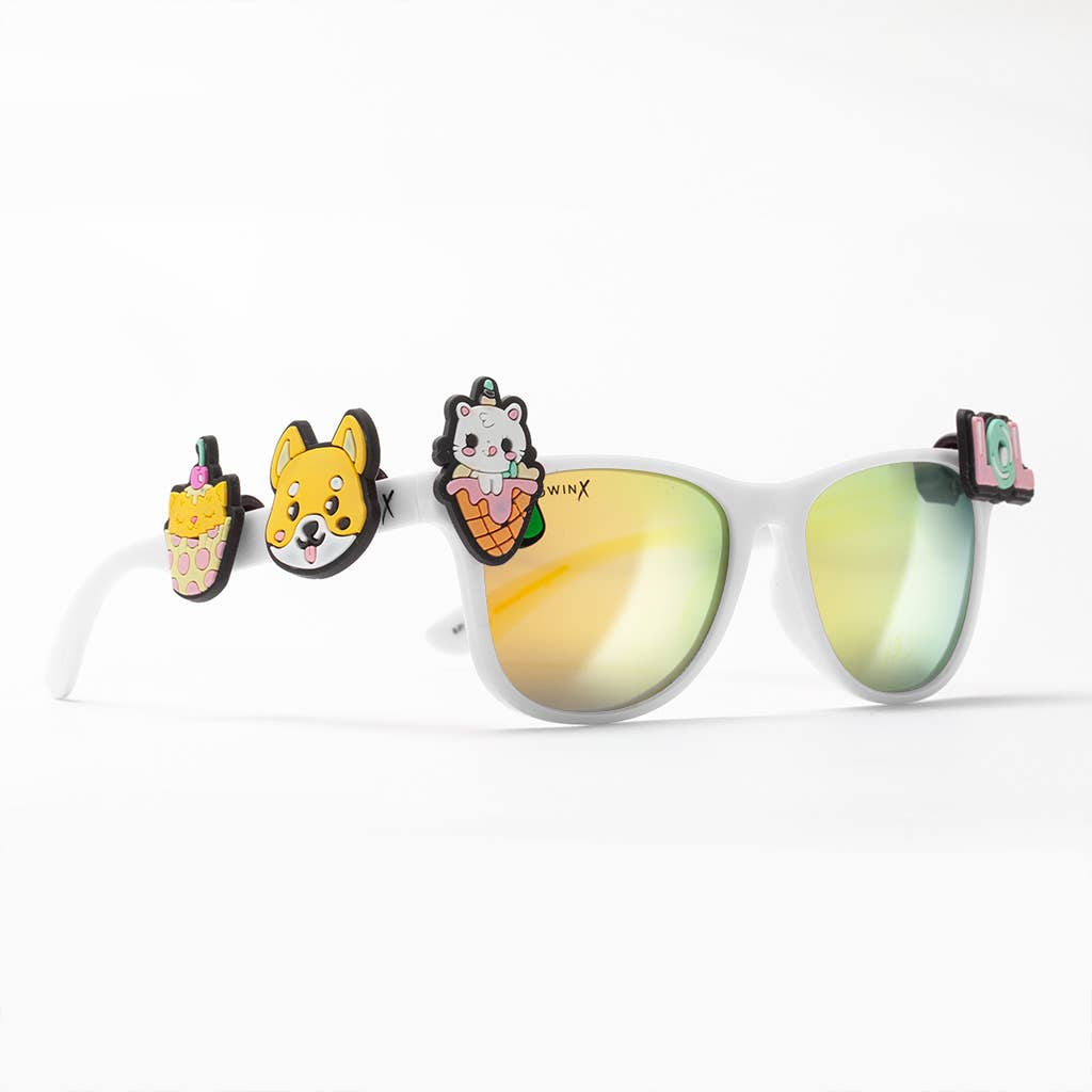 Kids' White Sunglasses & Charm Kit - Kawaii Style for Girls & Boys - Perfect for Summer, Beach, and Outdoor Play