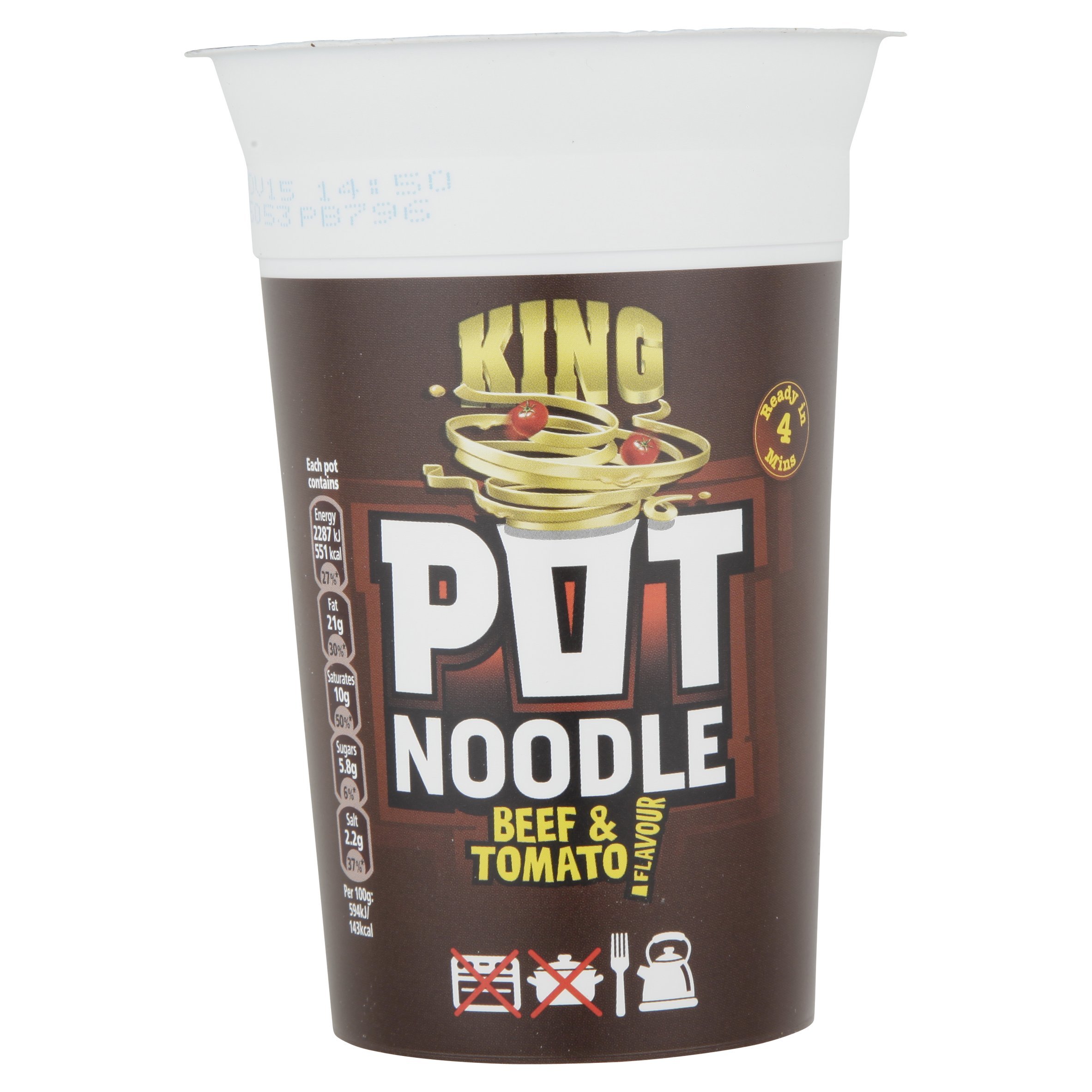Pot Noodle King Beef & Tomato Flavor Instant Noodles 114g - Quick & Easy Meal for Office Lunch, Camping or Late Night Snack
