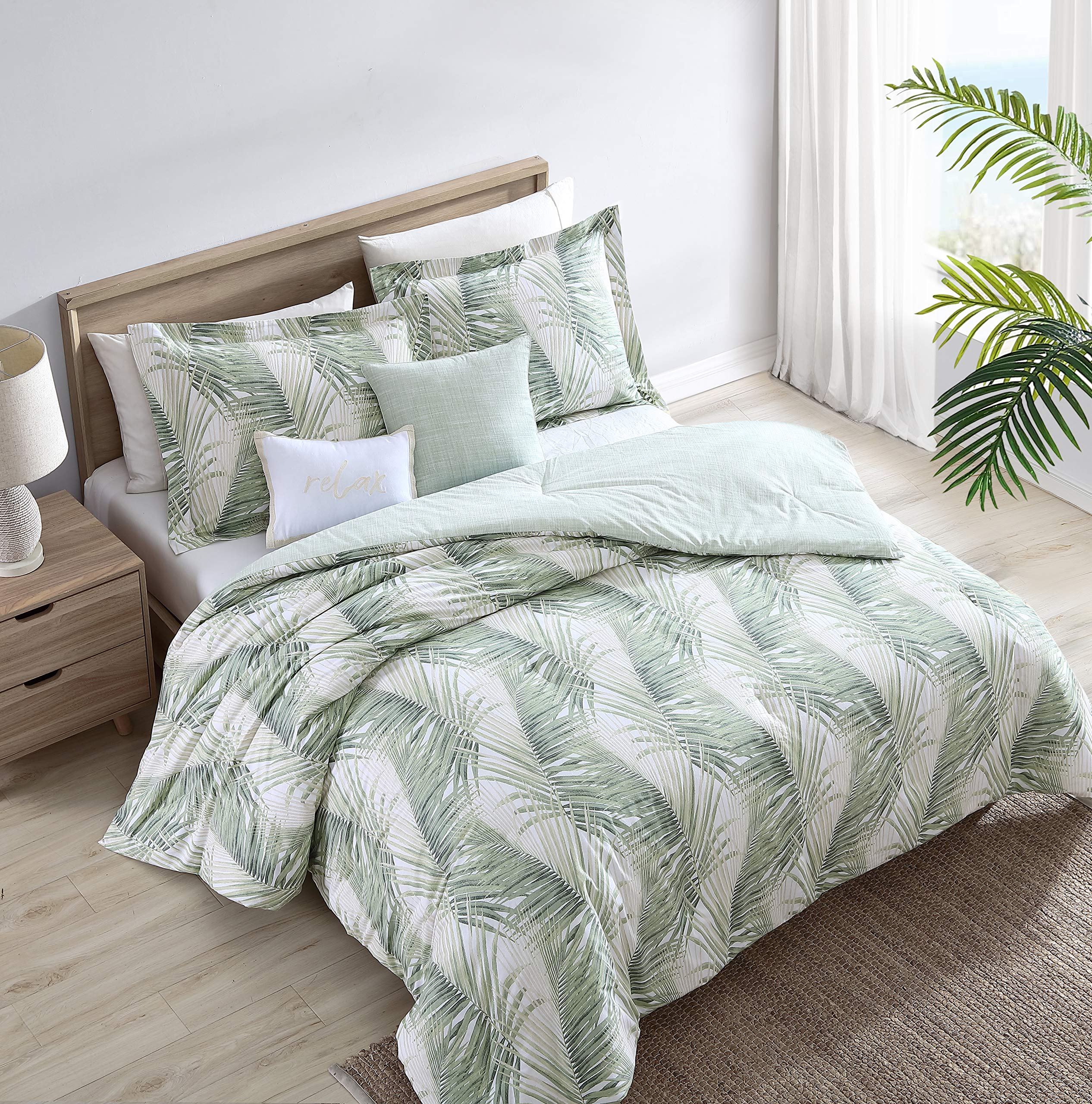 Tommy Bahama Queen Comforter Set - Reversible 100% Cotton Bedding with Shams & Bonus Throw Pillows | Ultra Soft Luxury Bedding for Master Bedroom, Guest Room (Kauai Green, Queen Size)