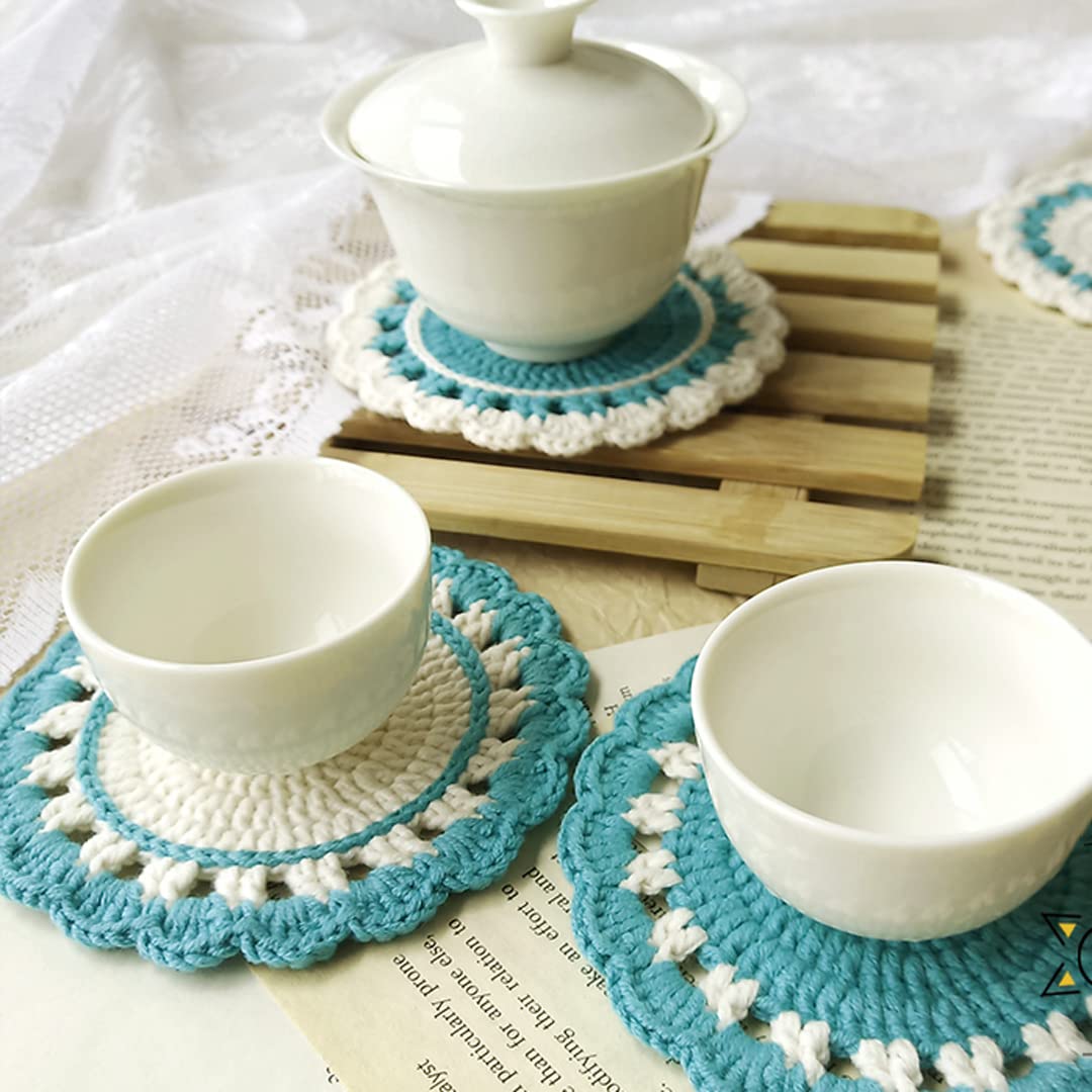 4 Pcs Handmade Macrame Wavy Flower Coasters - Absorbent & Heat Resistant Knit Trivets for Hot Dishes - Perfect Housewarming Gift for Kitchen, Dining Table & Home Decor