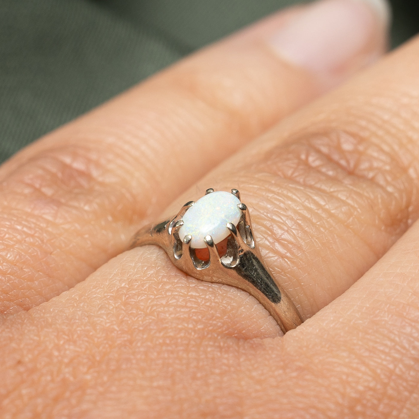 14K White Gold Belcher Set Opal Ring - 0.22ct Natural Opal Gemstone, Size 6.75, Dainty Elegant Jewelry for Women - Perfect for Engagement, Anniversary, Birthday Gifts & Special Occasions