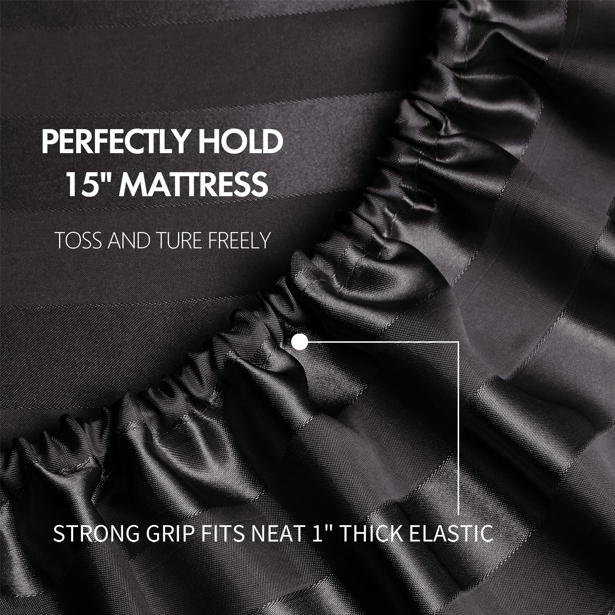 Candoury 6-Piece Queen Size Satin Bedding Set - Soft Silky Pillowcases, Flat & Fitted Sheets - Hypoallergenic Stain Resistant Black Striped Bed Sheets for Luxurious Sleep & Hotel-Style Comfort