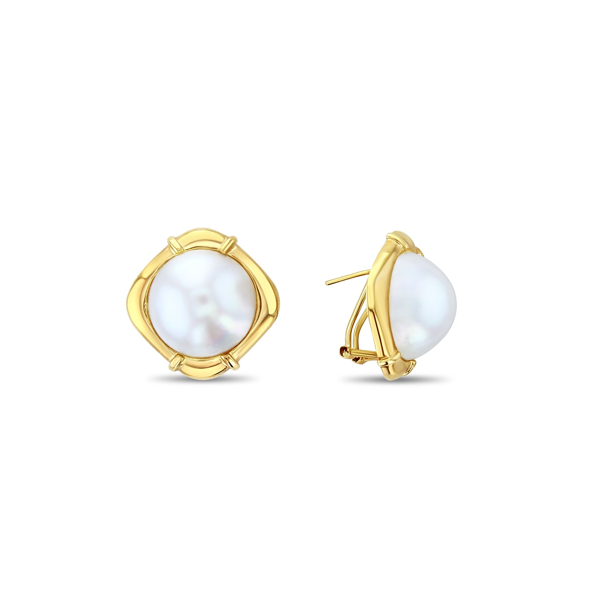 Elegant Mabe Pearl Omega Clip-On Earrings with Square Gold Setting – Perfect for Weddings, Parties & Special Occasions