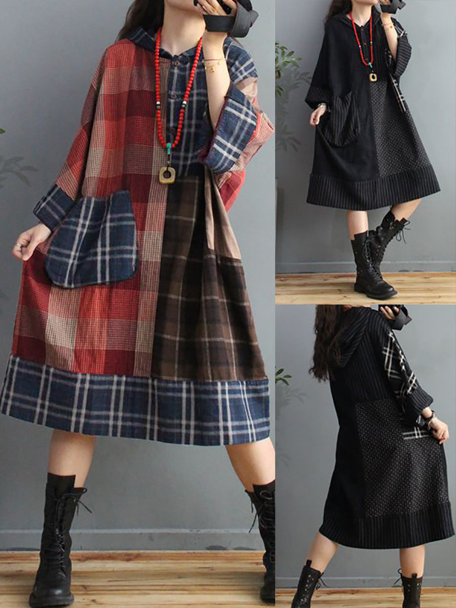 Plus Size Retro Plaid Hooded Dress with Big Pockets - Stylish & Comfortable Women's Fashion for Casual Outings & Fall Layering