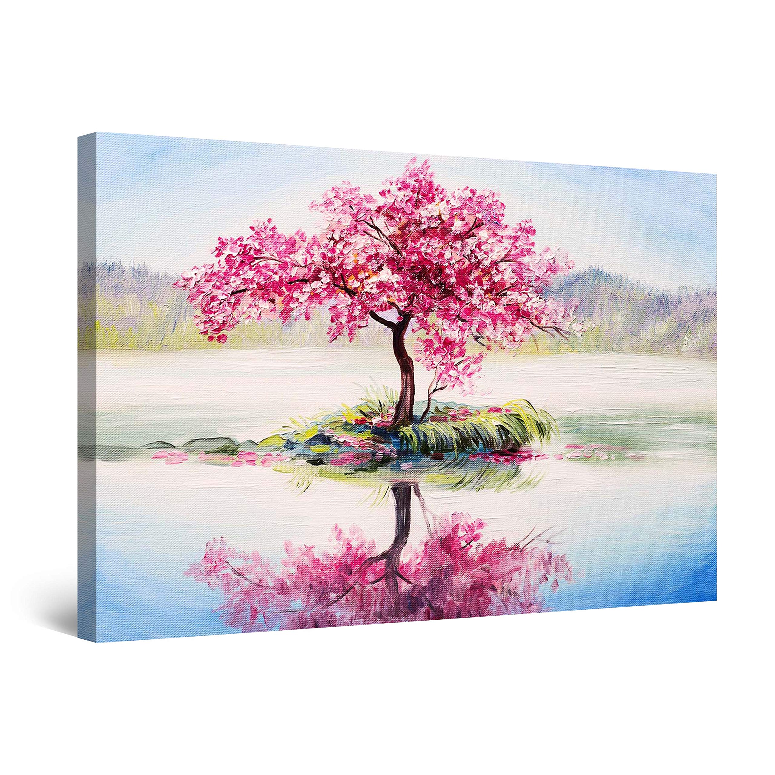 Startonight Abstract Pink Japanese Tree and Lake Canvas Wall Art - Large Framed 32