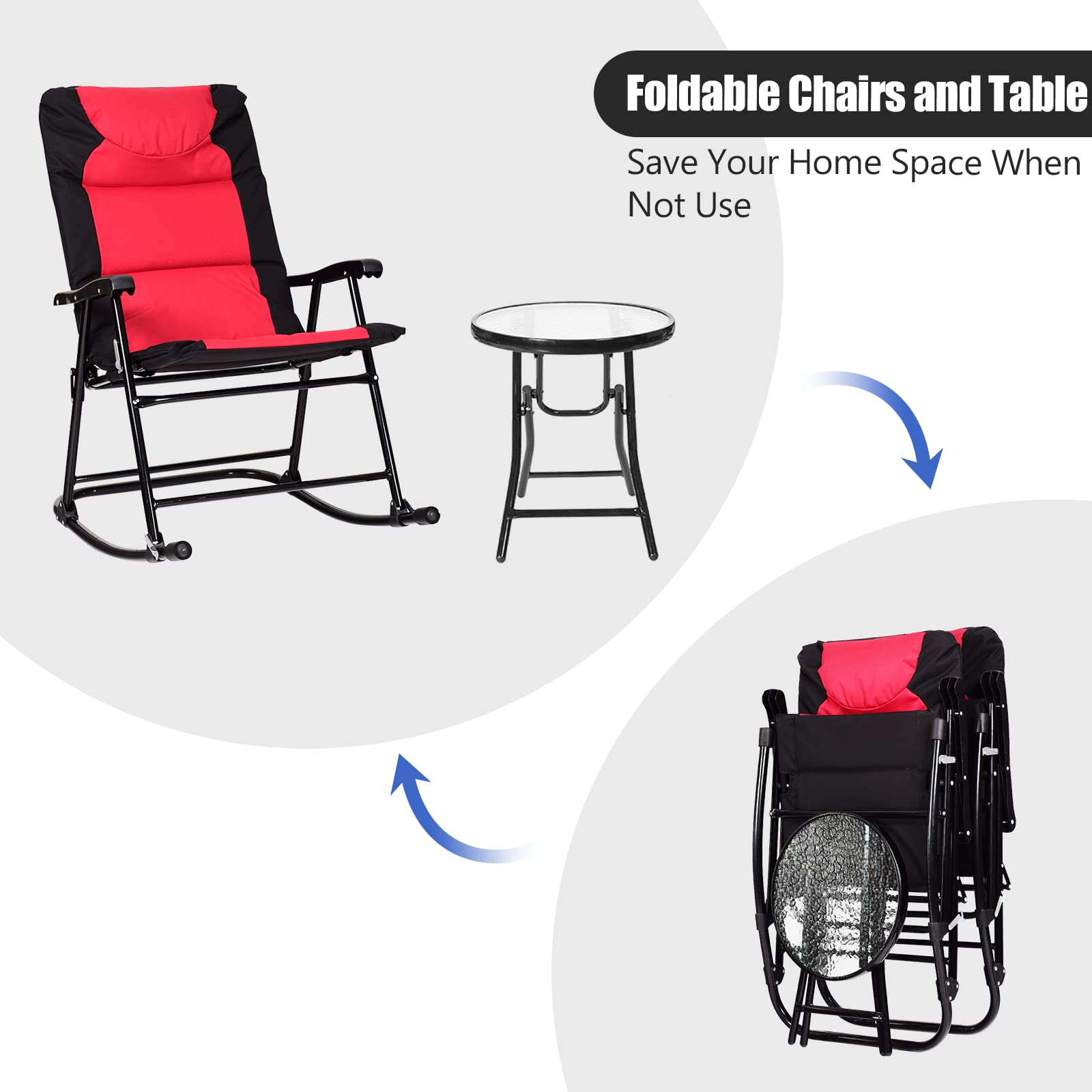 Tangkula 3-Piece Folding Bistro Set with Rocking Chairs & Round Table - Outdoor Patio Furniture for Backyard, Garden, Poolside, Porch - Red - Perfect for Relaxing, Entertaining & Small Space Living