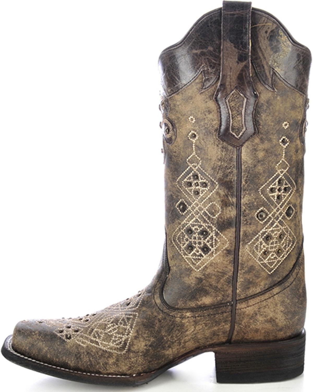 **CORRAL Women's Distressed Black Studded Embroidered Square Toe Cowgirl Boots - Western Fashion, Country Style, Perfect for Rodeo, Line Dancing & Casual Wear**