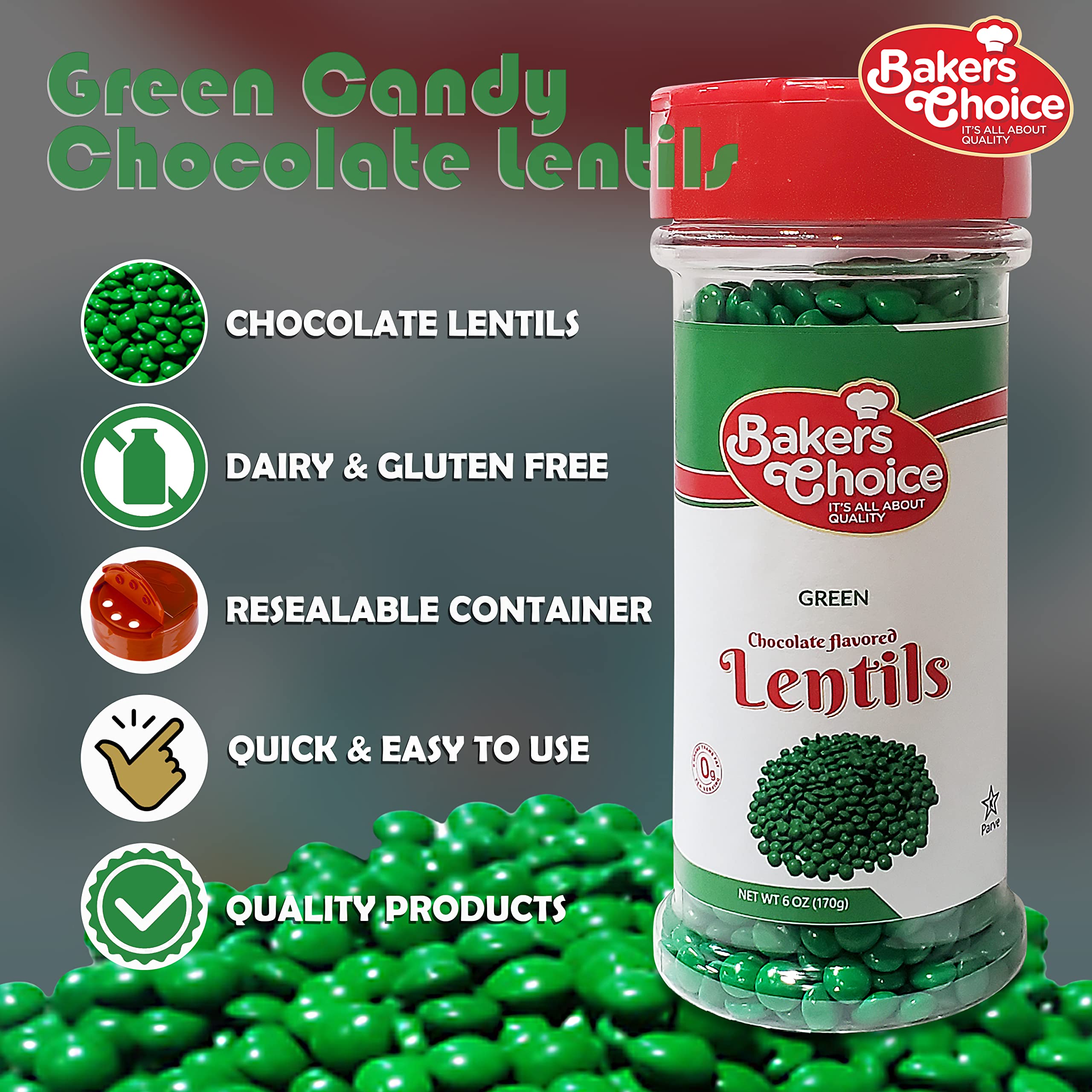 Baker's Choice Dairy-Free Kosher Chocolate Lentils - 6 oz Candy Coated Chocolate Drops for Baking, Decorating & Snacking | Vegan Green Candy for Cookies, Cakes & Party Treats
