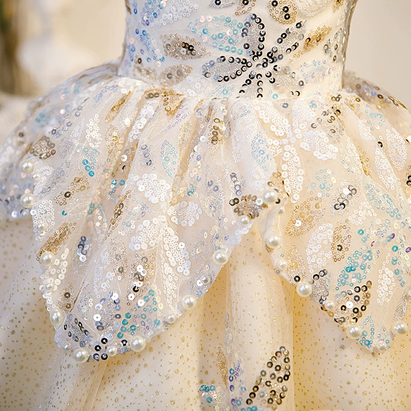 Champagne Princess Round Floor Length Sequined Flower Girl Dress for Weddings, Pageants & Special Occasions