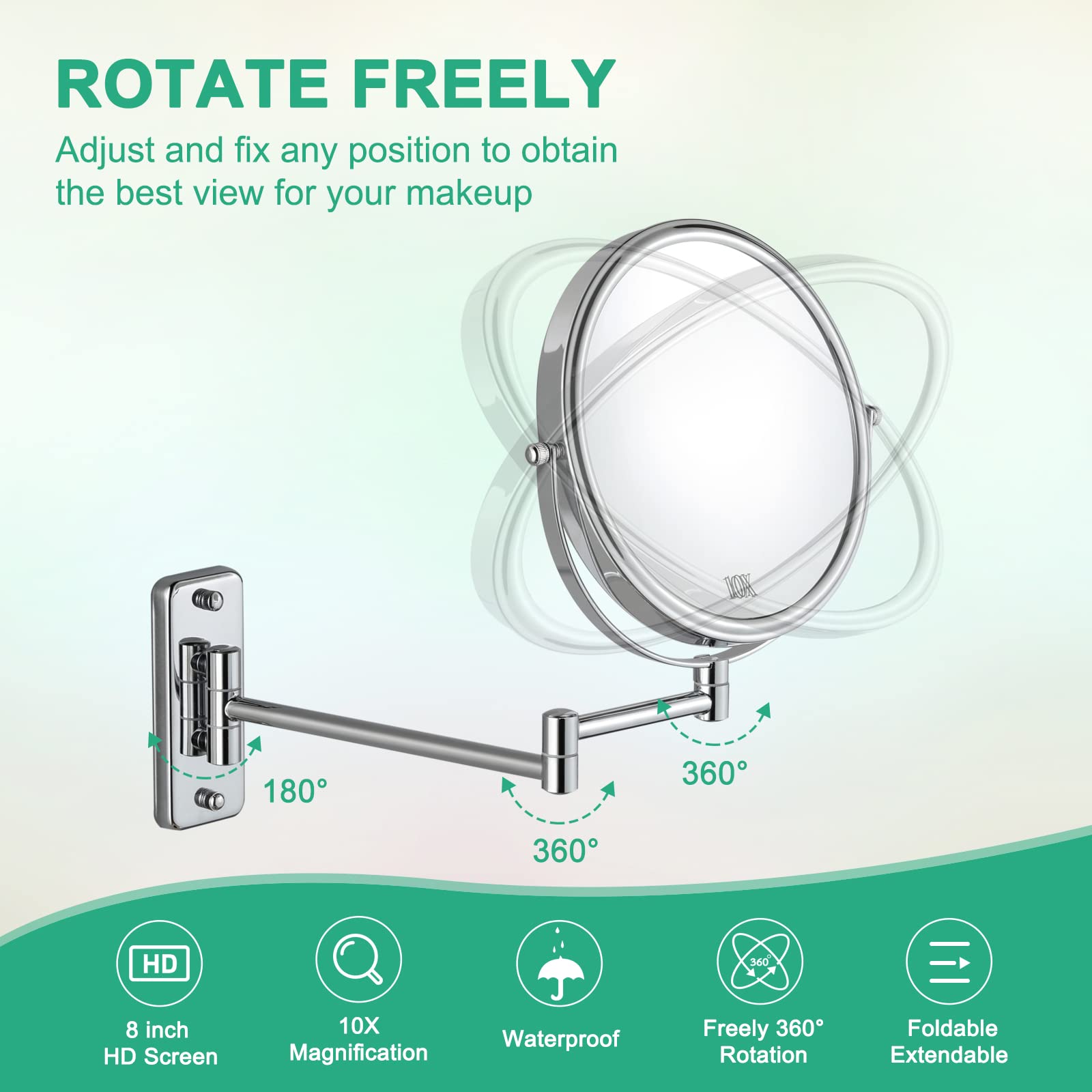 8 Inch Wall Mounted Magnifying Mirror with 10x Magnification - Double Sided Vanity Makeup Mirror for Bathroom - Chrome Finish - Perfect for Makeup Application, Skincare & Shaving