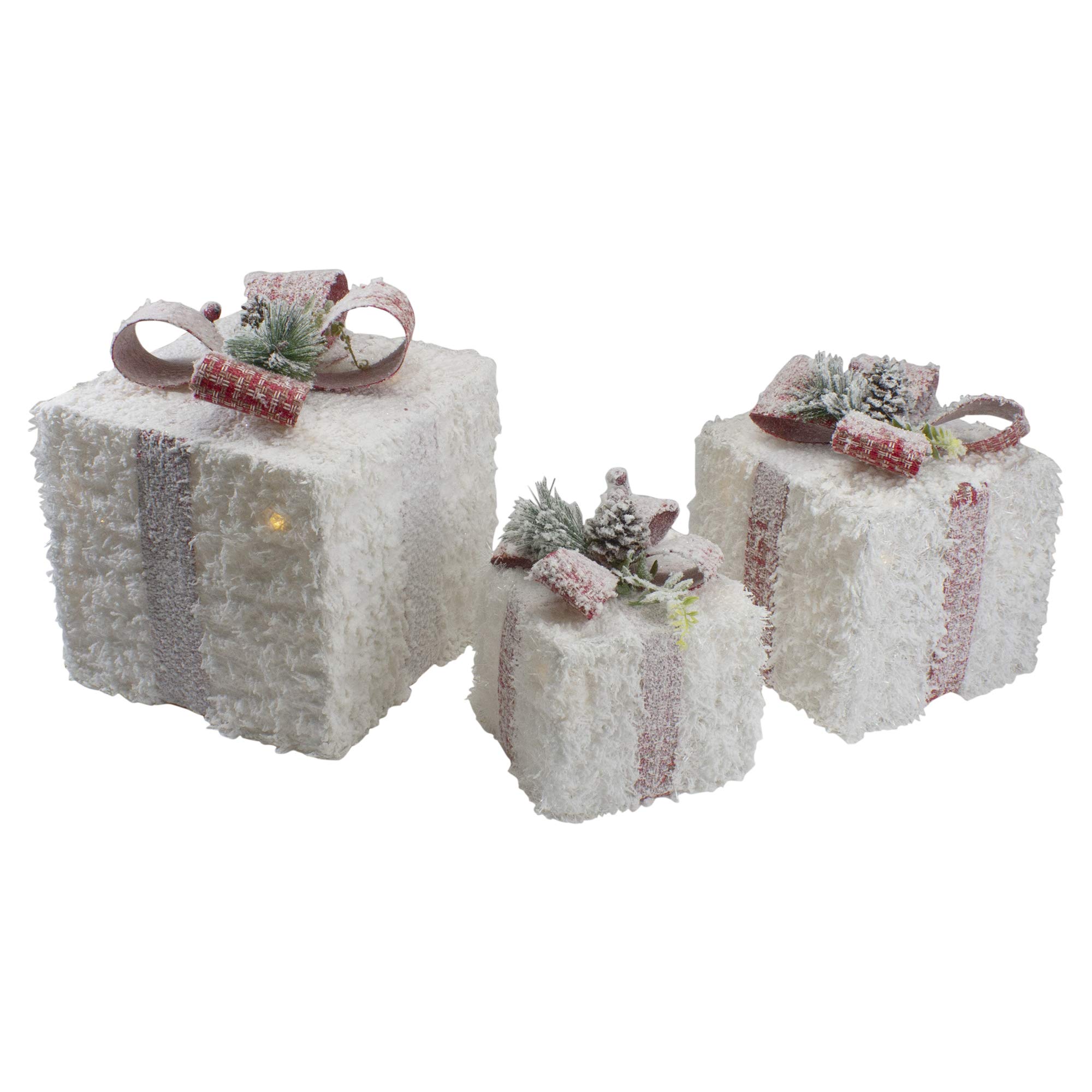 Premium LED Flocked Rattan Decorative Boxes with Pinecones - 10 Inch Set of 3 - Christmas Home Decor, Holiday Centerpiece, Winter Tabletop Display