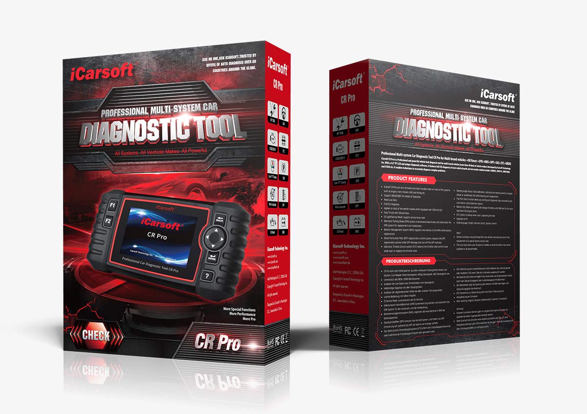 iCarsoft CR Pro OBD2 Scanner - Multi-System Diagnostic Scan Tool for All Cars & Trucks | Oil Reset, EPB, BMS, SAS, ETC | Professional Automotive Code Reader for Mechanics & DIY Use at Home Garage