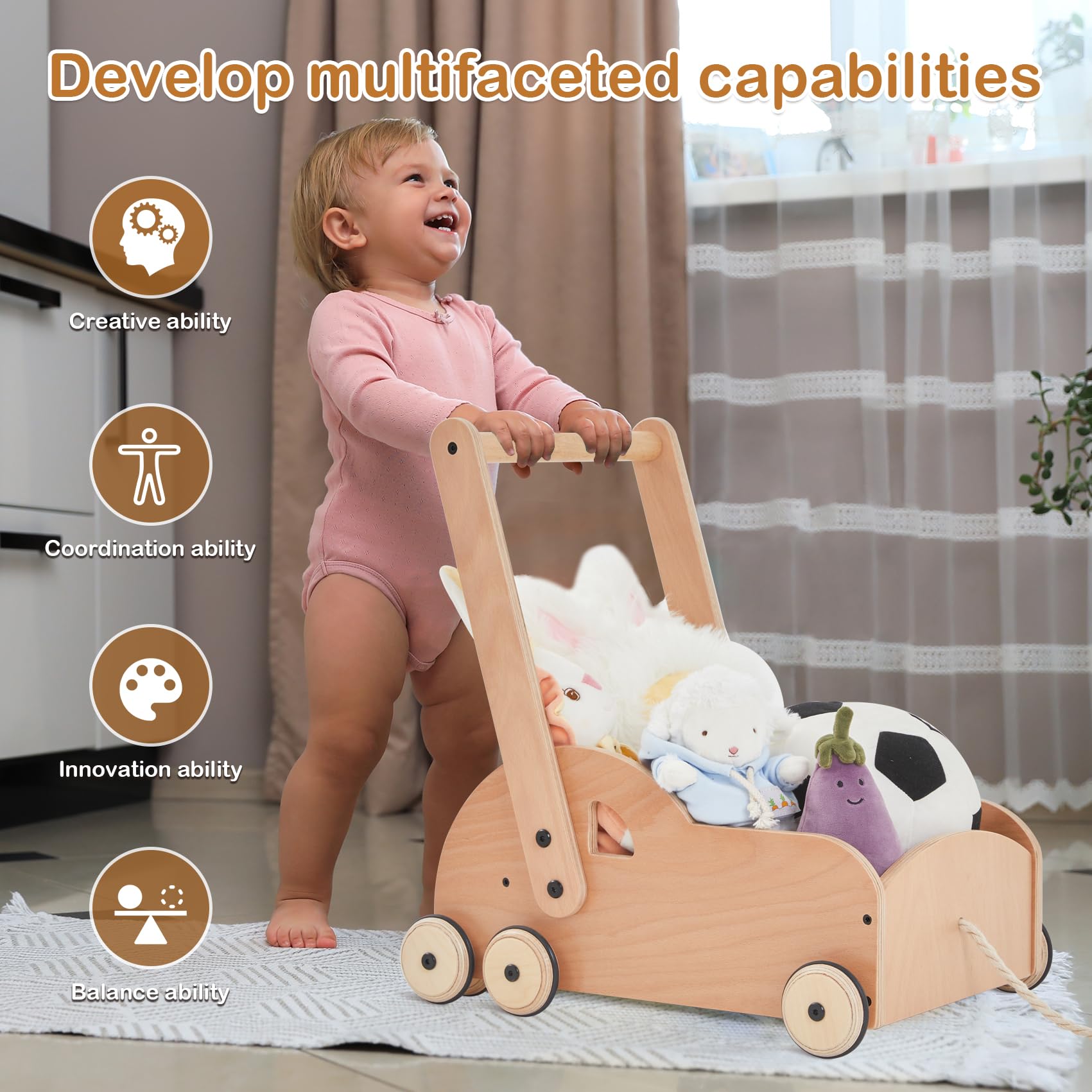 Wooden Baby Walker for Toddlers - Natural Wood Learning Push Toy for 1-2 Year Olds - Perfect for First Steps & Early Walking Development - Safe & Sturdy Baby Walker for Home & Playroom Use