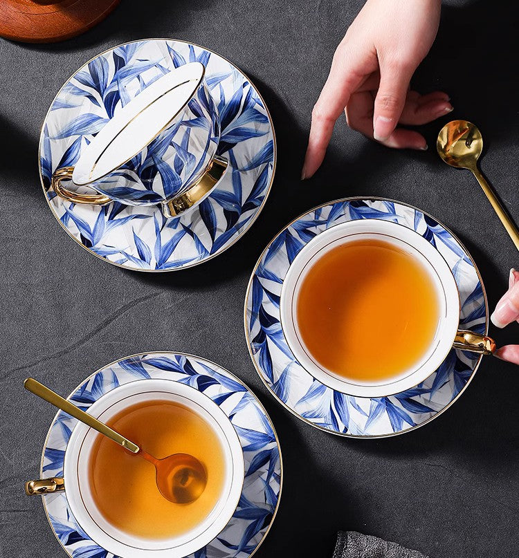 Elegant Blue Bone China Porcelain Tea Cup Set - British Ceramic Coffee Cups with Saucer in Gift Box - Perfect for Afternoon Tea, Bridal Shower & Home Decor