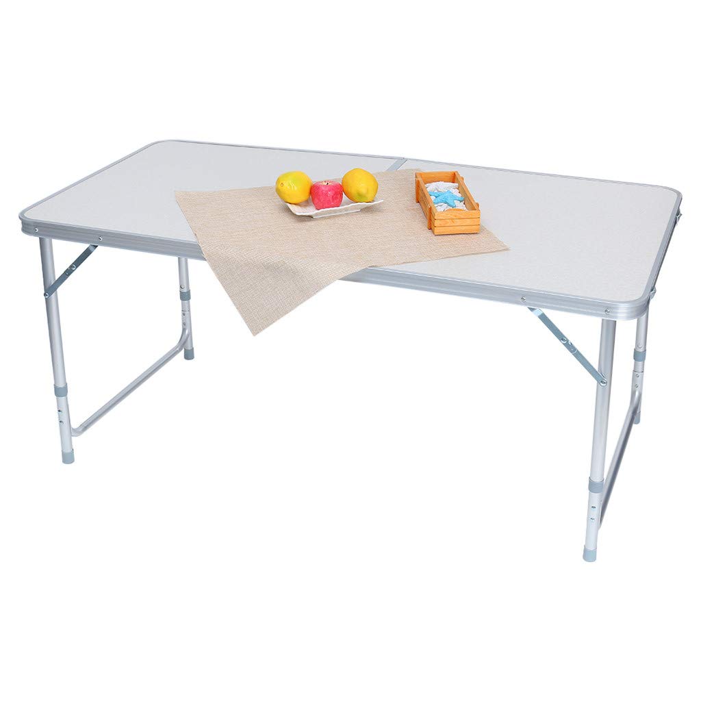 GONGting 4 Foot Aluminum Folding Table with 4 Metal Stools - Adjustable Height Portable Camping Table and Chairs Set, Lightweight & Sturdy for Outdoor Picnics, BBQs, Beach Parties, and Tailgating (Center Folding Design, No Umbrella Hole)