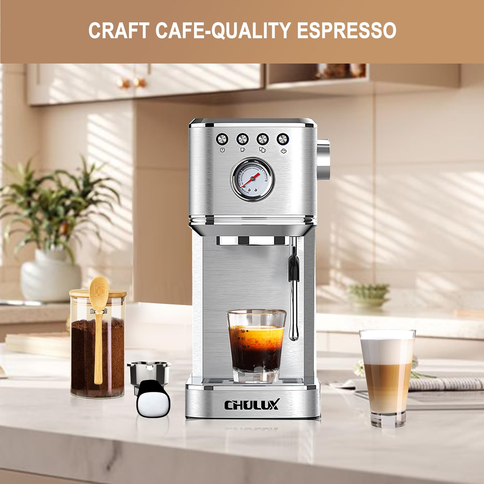 CHULUX Kom-Pro 20 Bar Semi-Automatic Espresso Machine - Stainless Steel Coffee Maker with Milk Frother for Home Baristas - Perfect for Lattes, Cappuccinos & Espresso Drinks - Ideal for Kitchen, Office & Coffee Shop Use